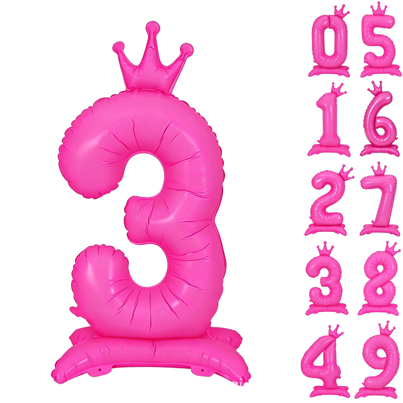 Fluorescent Pink Standing Number 3 Balloon 42 Inch Fluorescent Rose Pink Crown Balloons 0-9 Giant Foil Number 3 Balloon with Crown Birthday Party Decorations Supplies