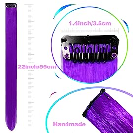 12 PCS Purple Hair Extensions Clip in, Colored Party Highlights Extension for Kids Girls Synthetic Hairpiece Straight 22 inch