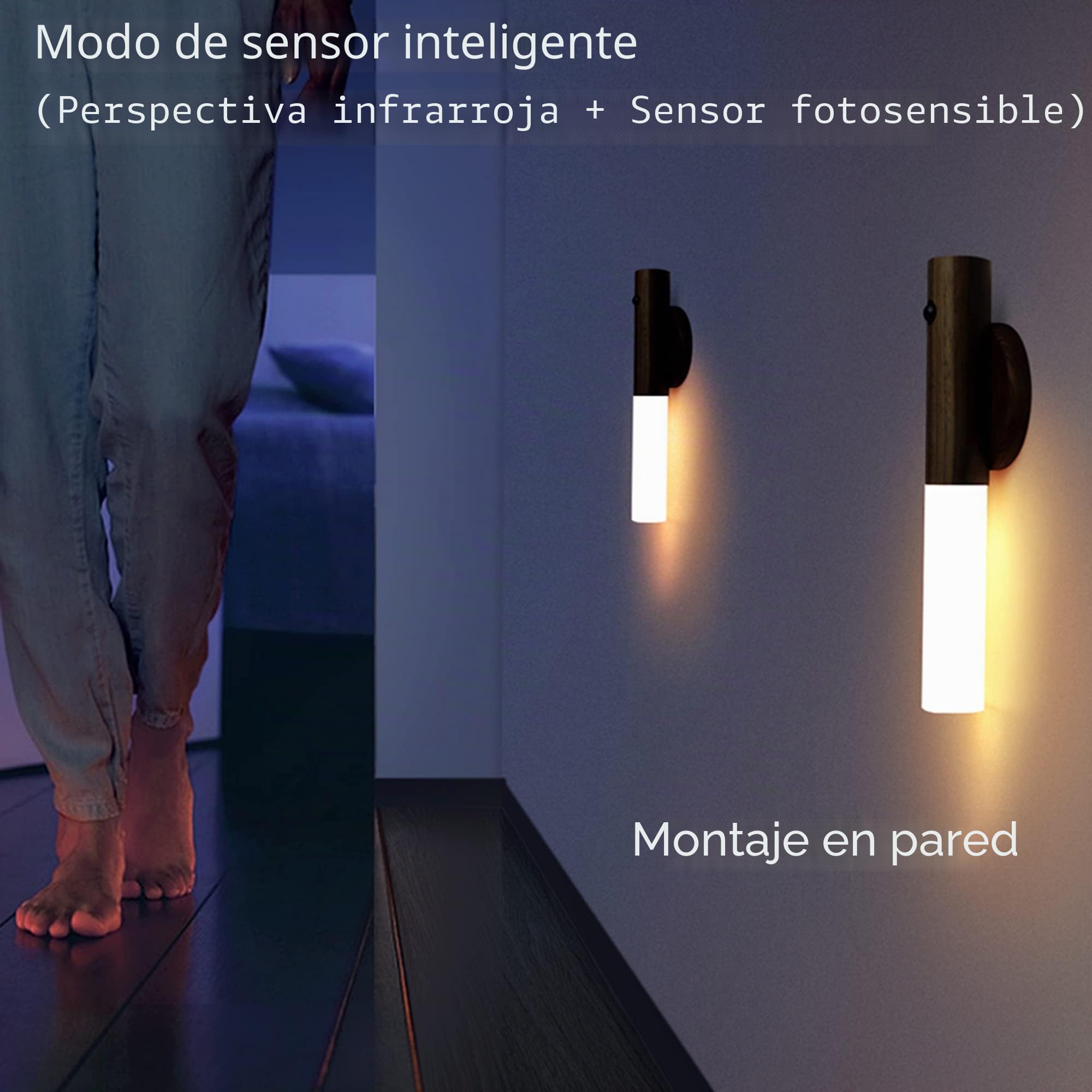 Luz con sensor de movimiento para interiores, lámpara de pared de madera, recargable, portátil, magnética, funciona con pilas, luz nocturna LED para niños, baño, armario, dormitorio, madera