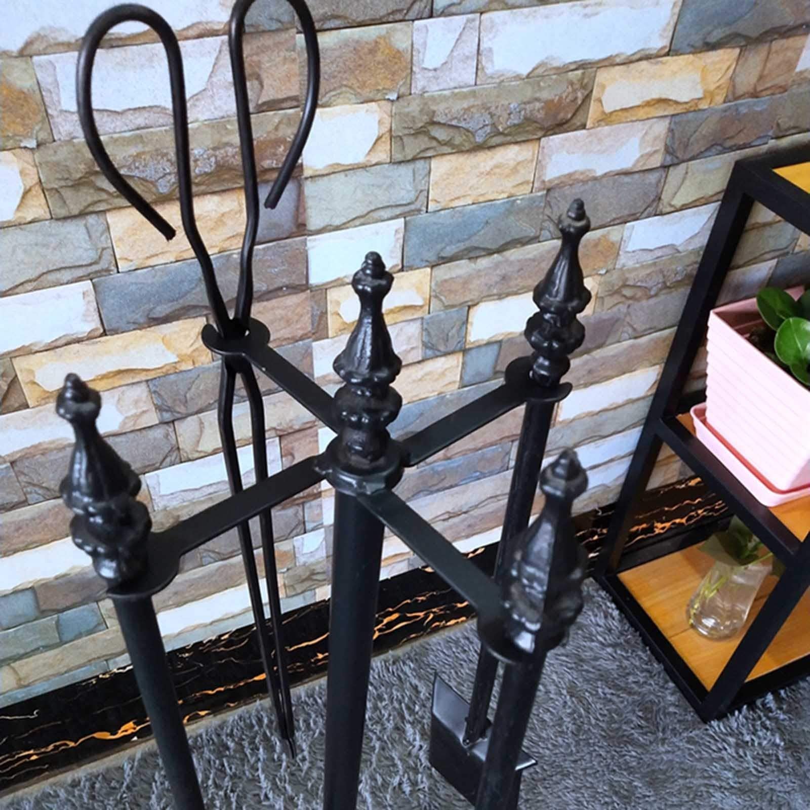 Juego de 5 herramientas para chimenea de hierro forjado negro/dorado, para interiores y exteriores, accesorios para fogatas, incluye pinzas, cepillo y atizador