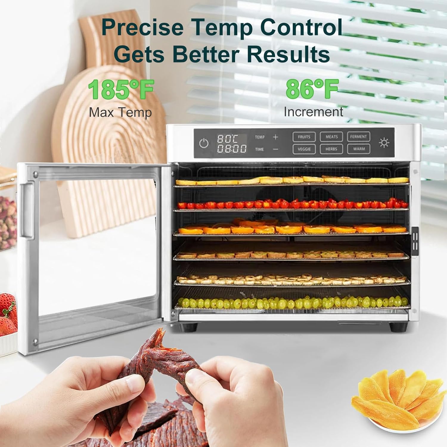 500W Food Dehydrator, Stainless Steel Dehydrator Machine with 24H Adjust Digital Timer and Led Display Screen, Fruits and Vegetables Drying Maker, 360 ° Circulating Heati,