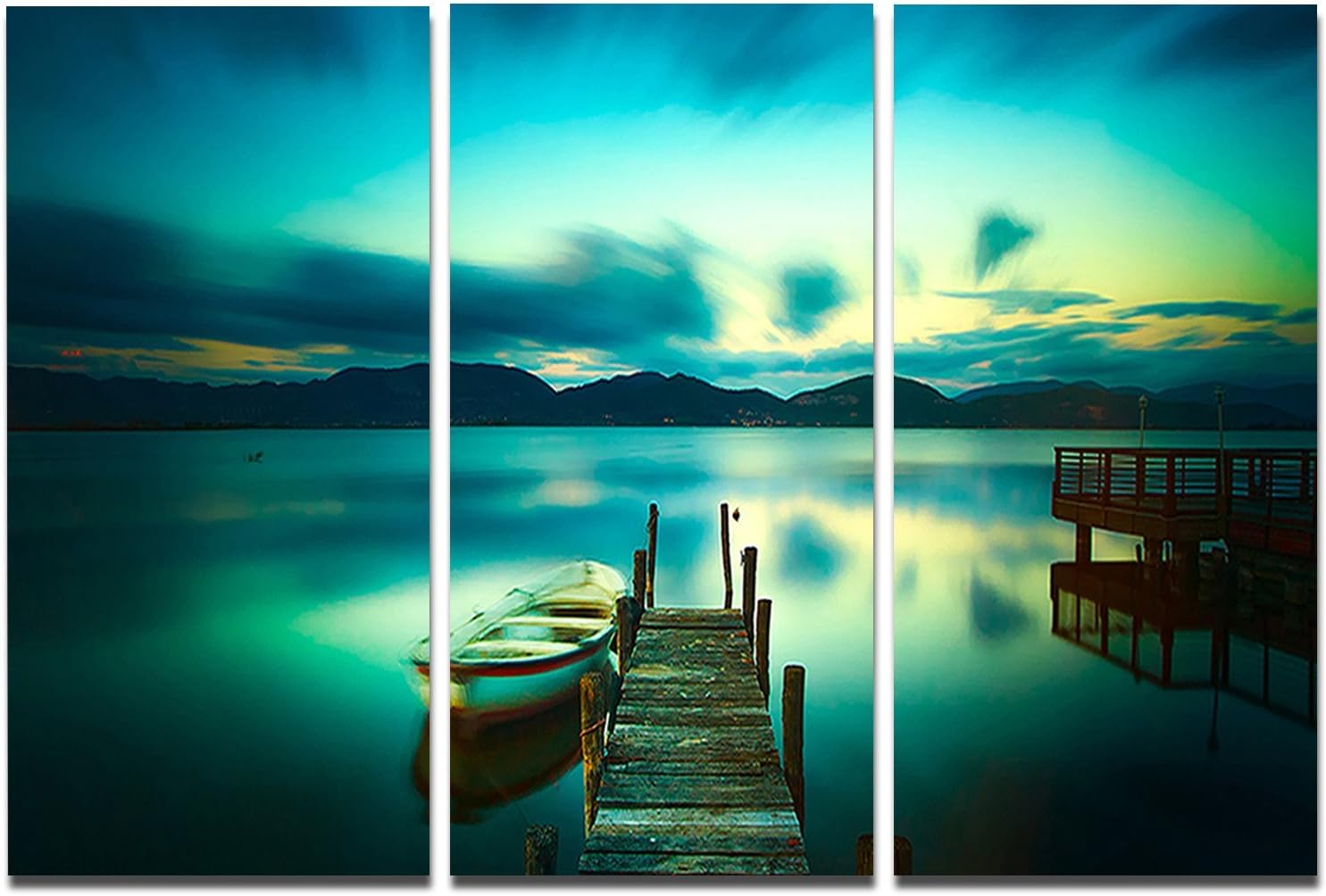 Design Art Wooden Jetty and Boat in Sea-Seascape Photo Metal Wall Art-MT8373-36x28 3 Panels, 36x28