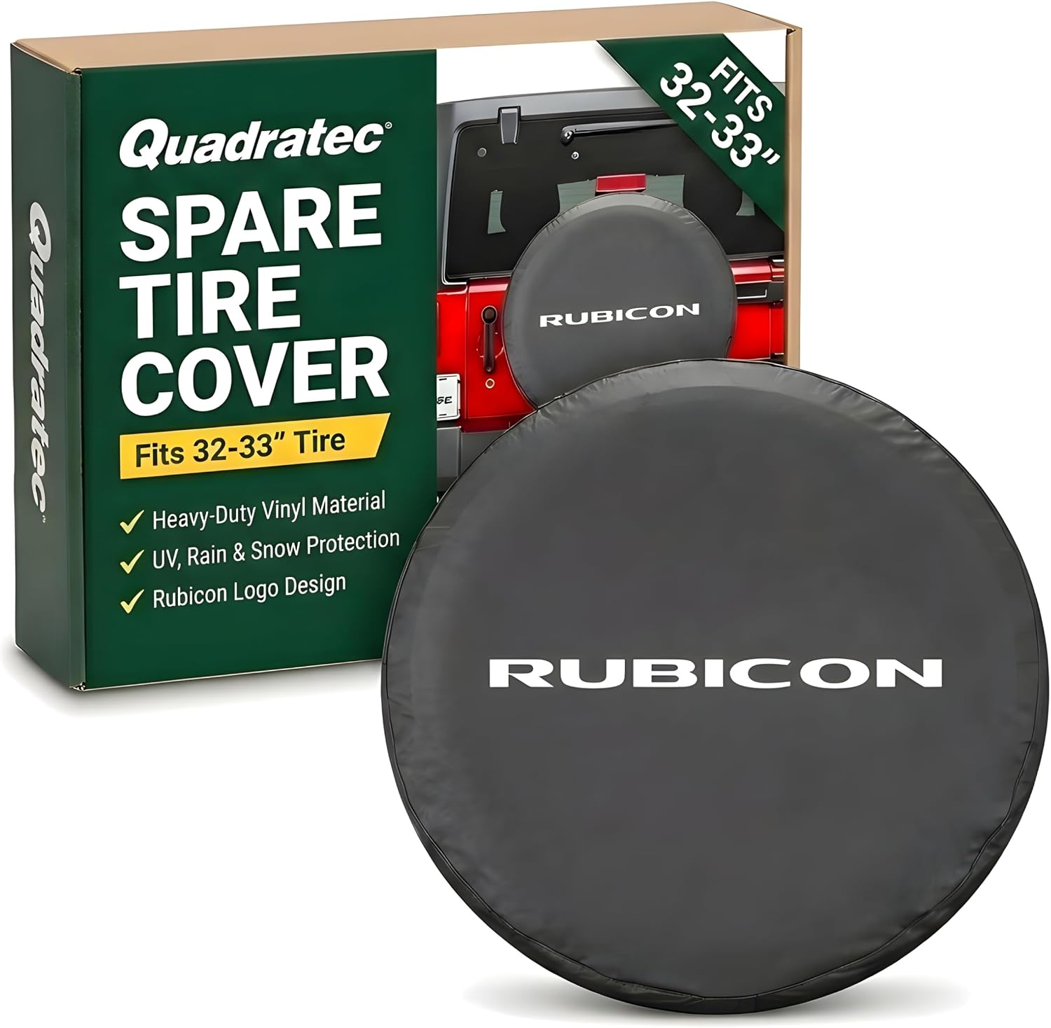 Quadratec Spare Tire Cover - Fits Jeep Wrangler & Gladiator up to 33" Tires - Weather-Resistant Jeep Tire Cover for Spare Tire - Multiple Design Options (Rubicon, 32"-33")