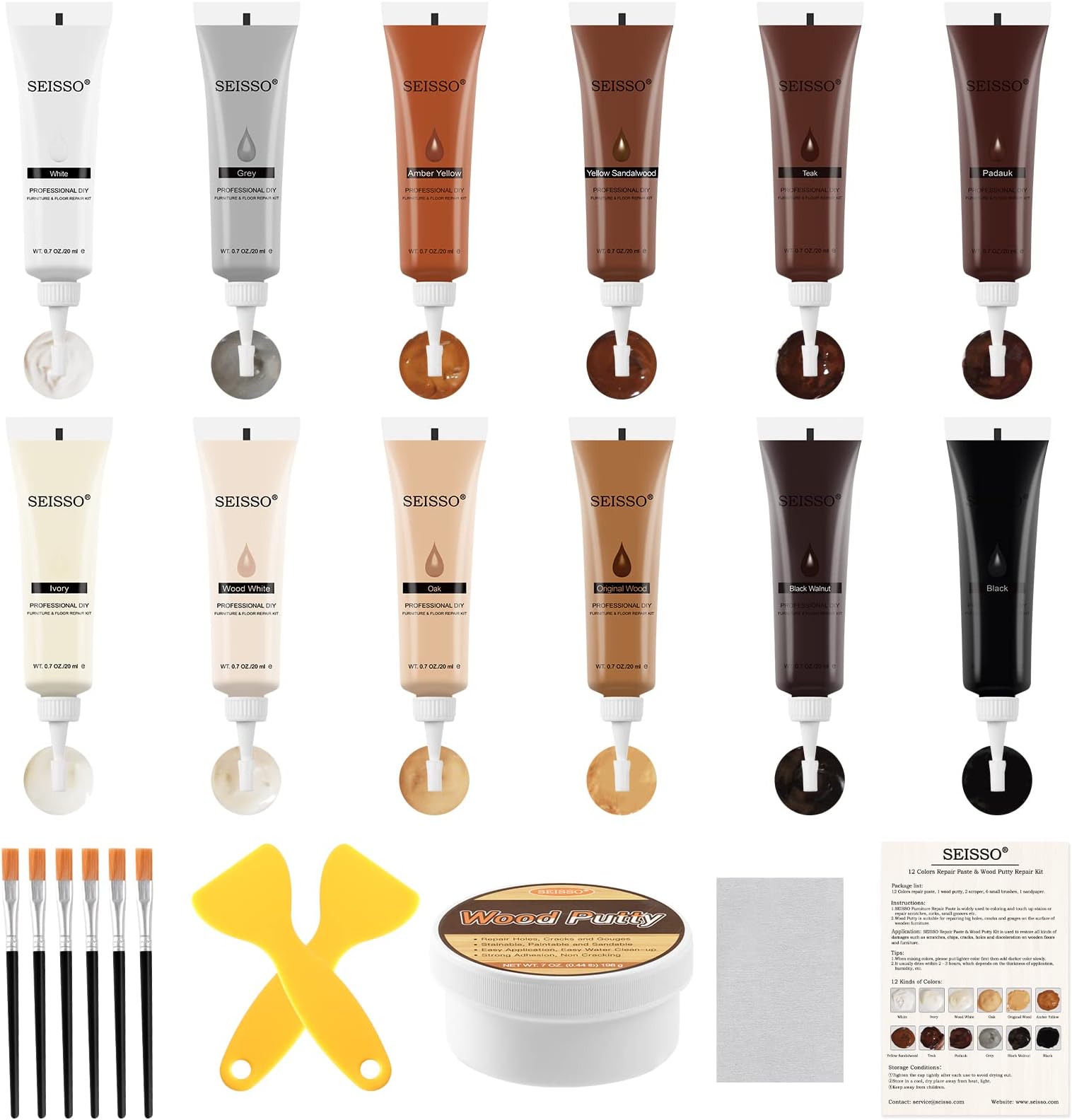 SEISSO Wood Furniture Repair Kit, Wood Putty Repair Fillers, Hardwood Laminate Floor Repair Kit, Restore Any Holes, Scratches, Cracks, Gouges for Wooden Floors, Cabinet, Cherry, Walnut