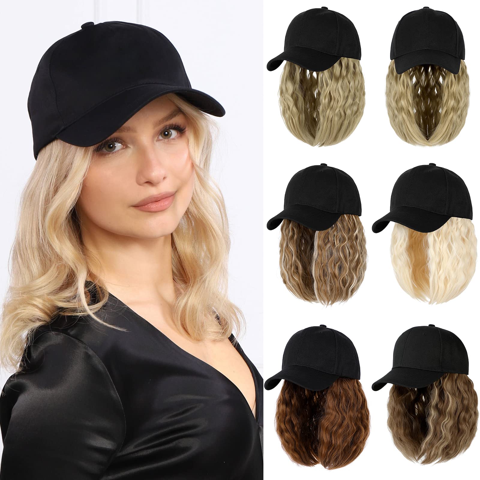 Lansigreen Baseball Cap with Hair Extensions Hat Wig Adjustable Hat Attached Curly Wave 14" Synthetic Hairpiece for Women Ash Blonde