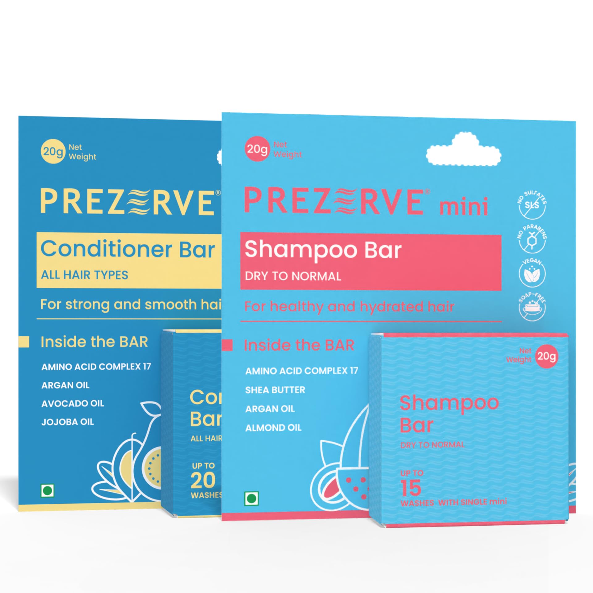 Prezerve Mini Shampoo and Conditioner Bar Combo for Men Women (20g Each) | Travel Friendly | Natural Ingredients | Hydrates & Detangles | Color Safe | Chemical & Soap Free | All Hair Types