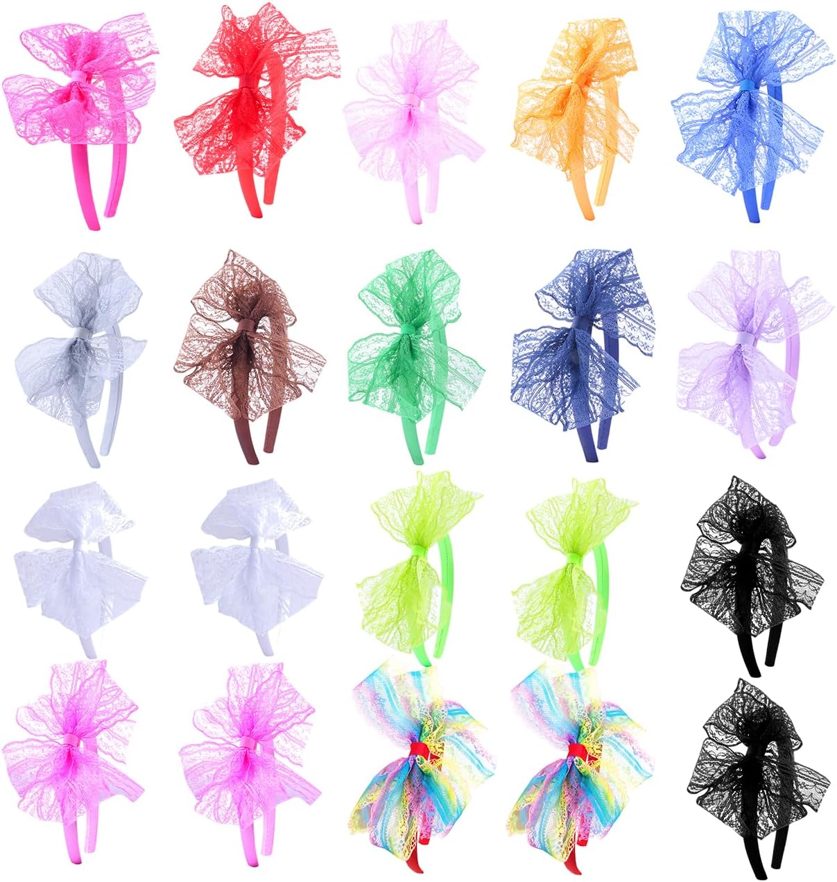 20pcs 80s Lace Headbands 80s Headband for Women Black White Red Rose Blue Pink Yellow Neon Headband
