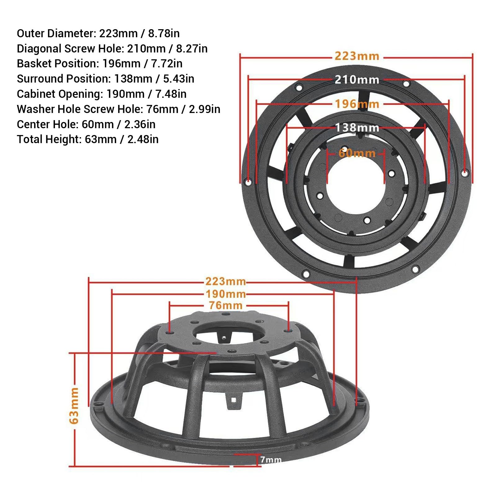 Ejoyous 2 Stück Lautsprecher-Beckenrahmen aus Gegossenem Aluminium, Woofer-Körbe, 223 Mm Außendurchmesser, 63 Mm Höhe, Rostfreie Lautsprecher-Reparaturteile für DIY-Subwoofer, PA-DJ