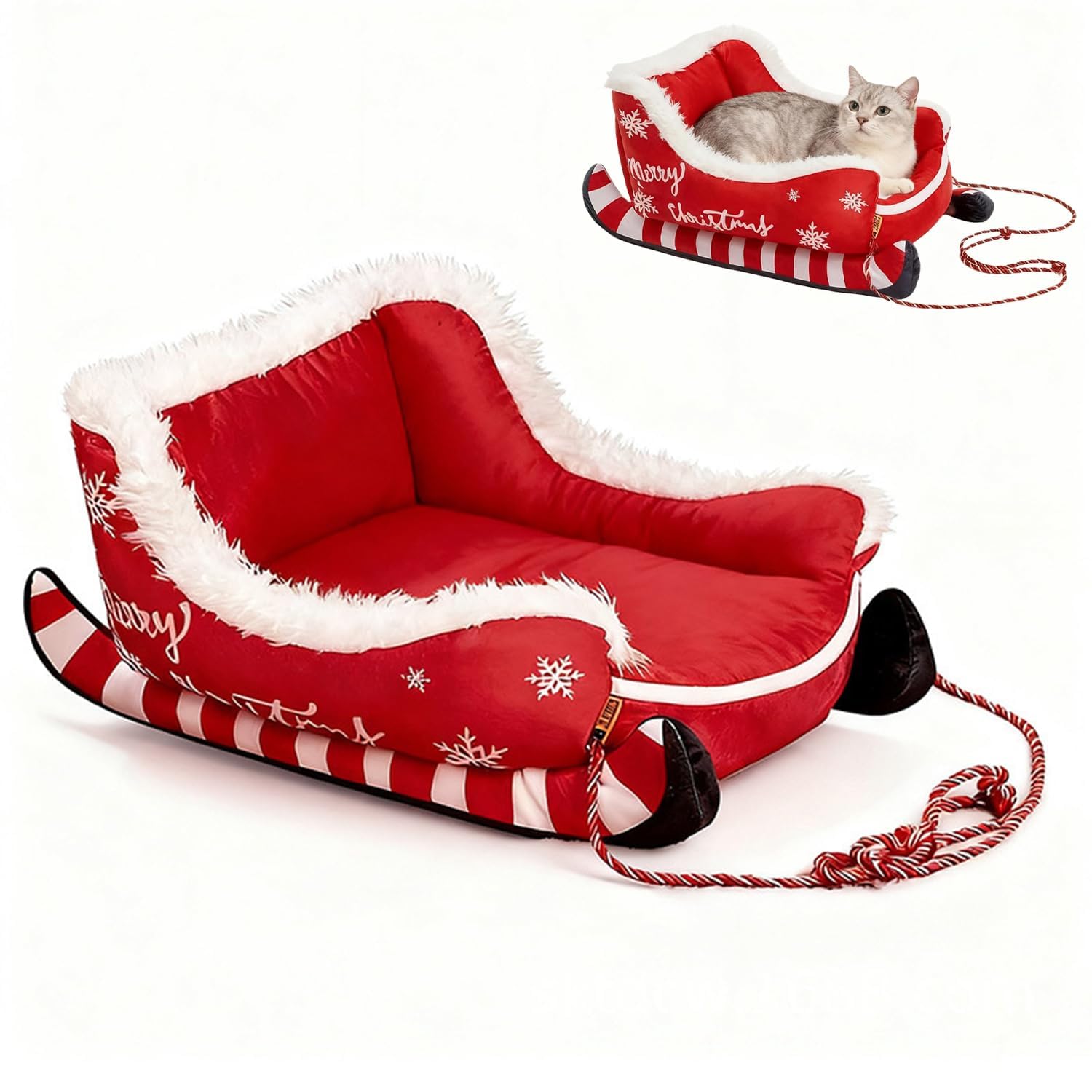 Extra Large Dog Sofa Bed,Style Christmas Sleigh Bed,Anti-Slip Puppy Cushion Warm And Comfortable For Cat And Dogs (Red)