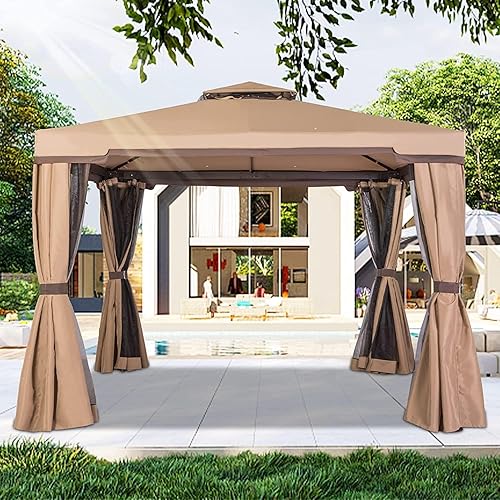 Oakmont Gazebo permanente para patio de 10 x 10 pies, con parte superior suave, toldo para exteriores con mosquitera y cortinas de sombra (marrón)