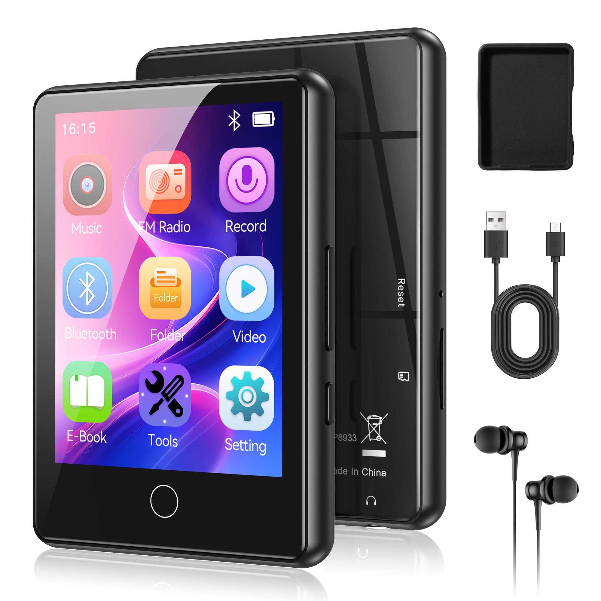 AGPTEK Lecteur MP3 Bluetooth 5.3 64Go, Baladeur Numérique 2.8" Écran Tactile HiFi Sport avec Haut-Parleur Radio FM Enregistreur