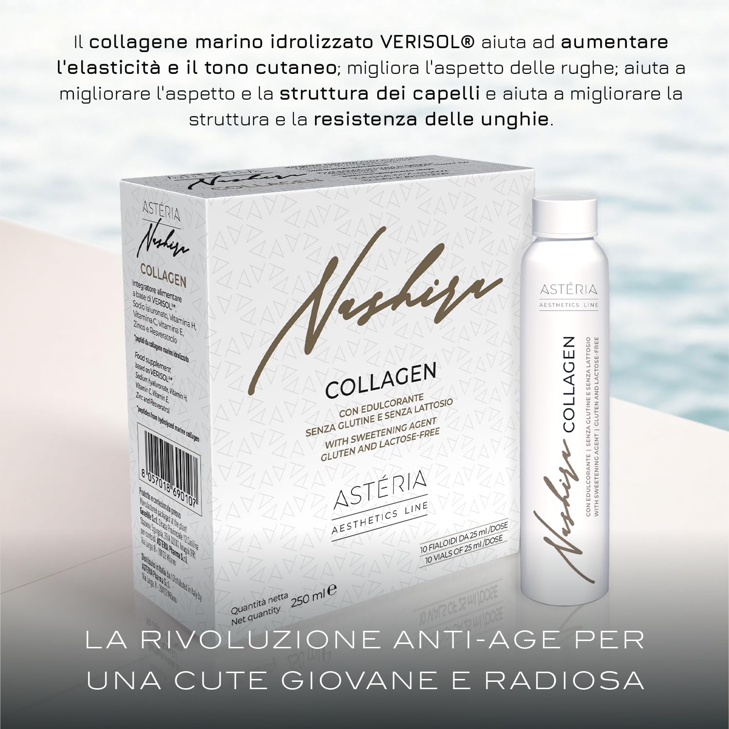 Nashira® Collagene Marino Liquido VERISOL® Doppia Concentrazione 5000mg | 10 Fialoidi da 25ml Bevibili | Con Acido Ialuronico, Vitamina C, Biotina | Formula Premium Biodiversa | Pelle, Capelli, Unghie