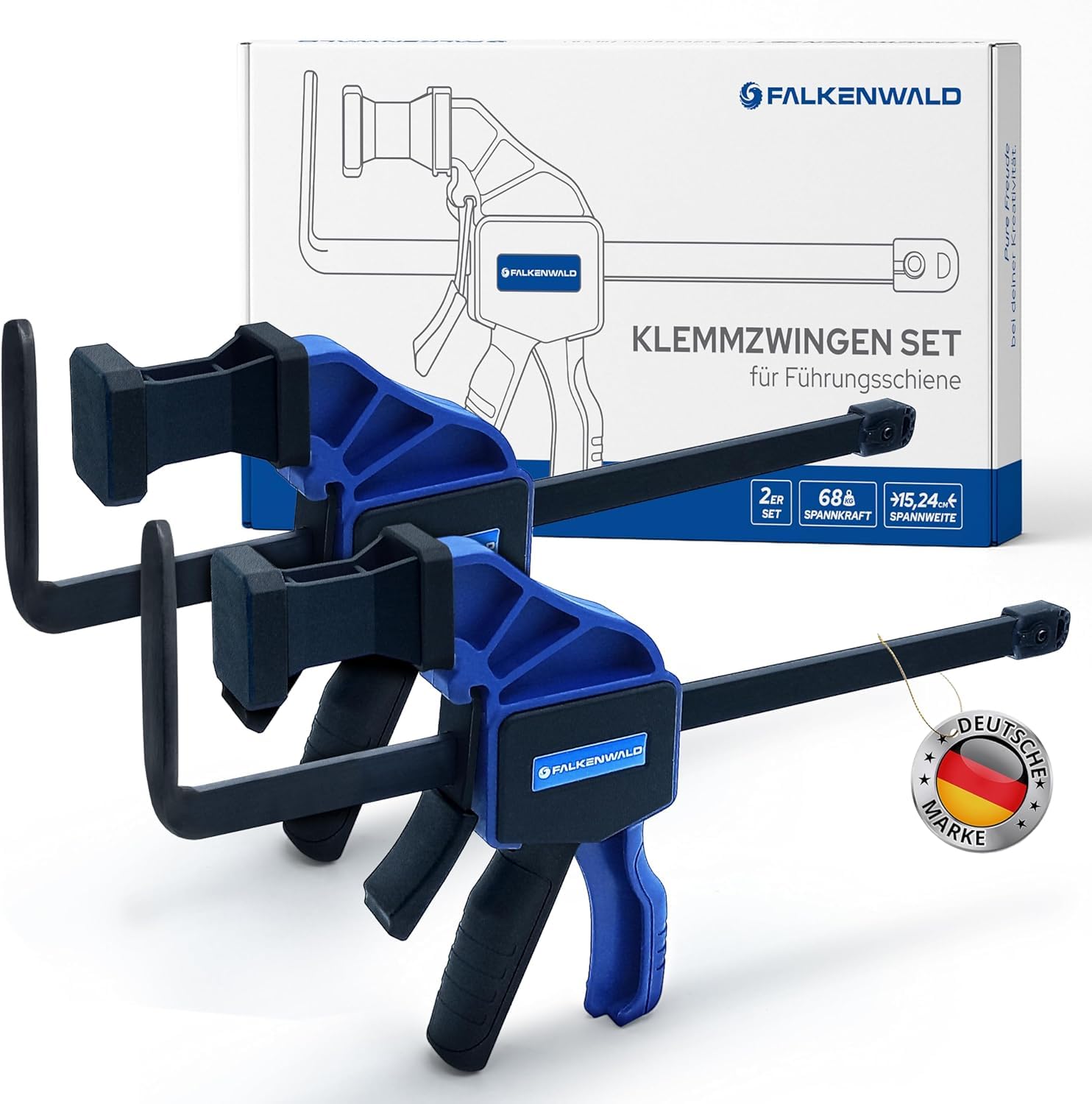 Falkenwald® Einhandzwinge Set 2 Stück zum Spannen, Dehnen, Fixieren mit einer Hand - Klemmzwinge für Führungsschiene - Spannzwinge Zwingen Einhandzwingen