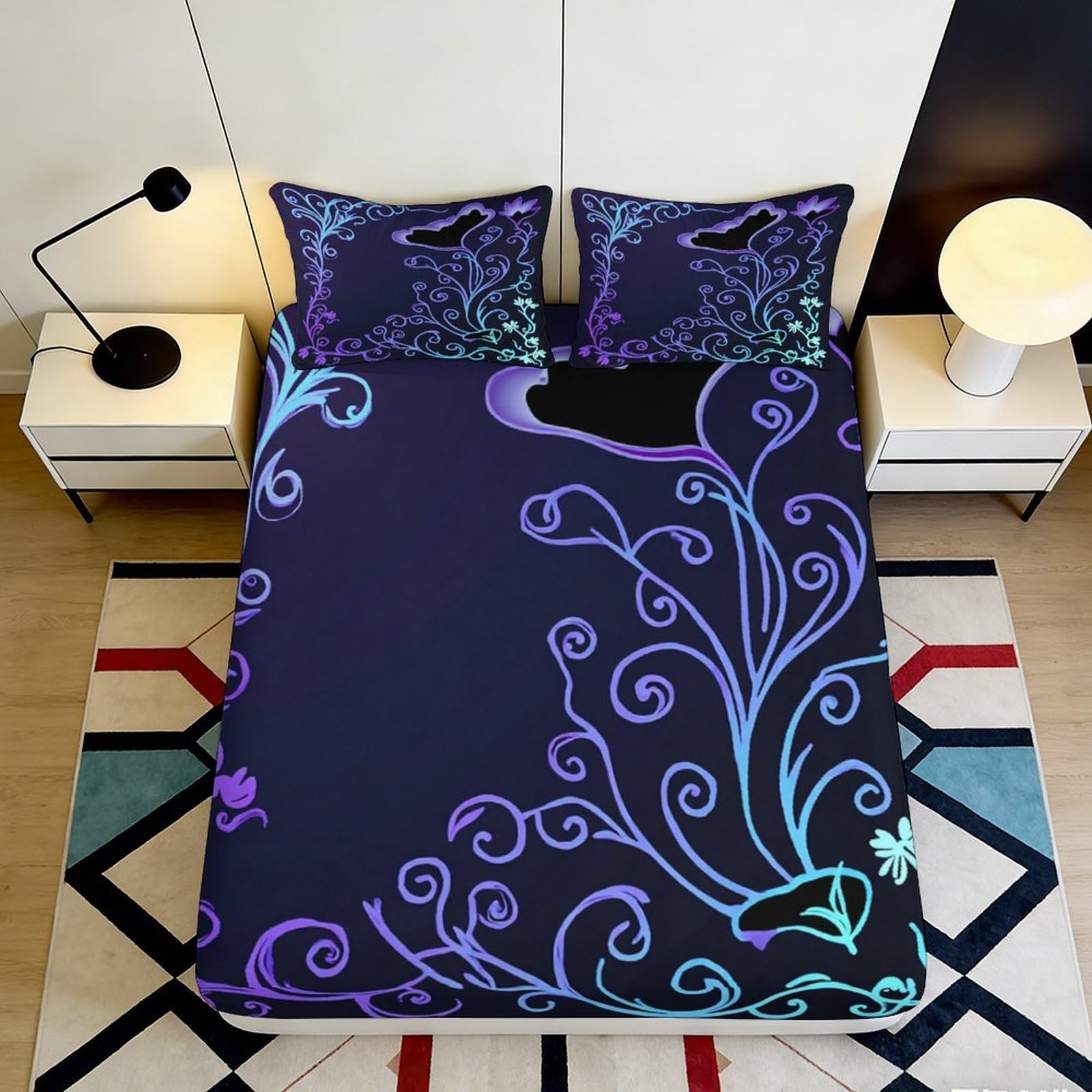 3D Printed Luminous Vine Fitted Sheet Microfiber Deep Pocket Non-Slip Bedroom Bedding Vine Mattress Fitted Cover Washable for Adults Teens 200x200x25cm 90x200x25cm