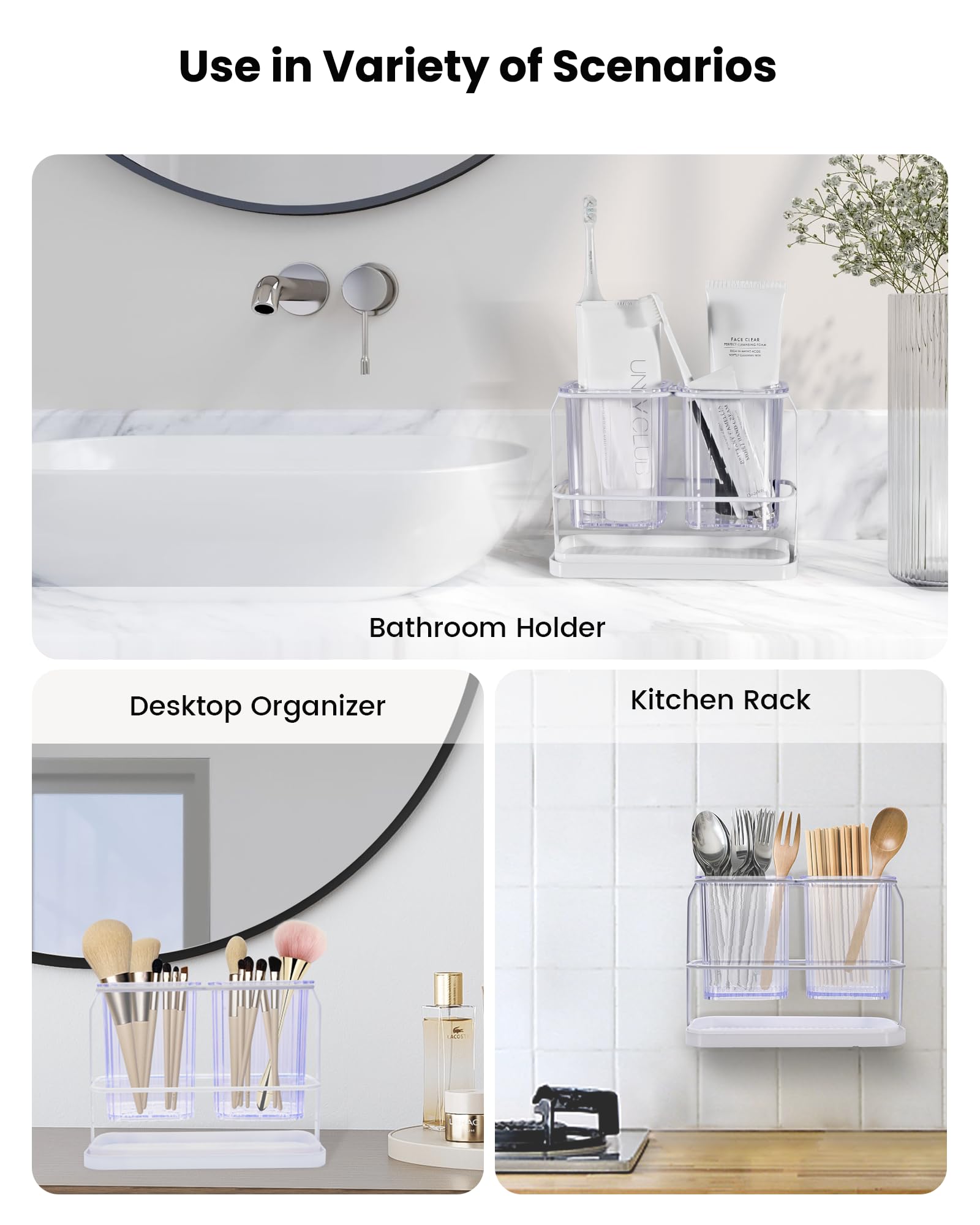 KONE Soporte para cepillo de dientes montado en la pared, soporte colgante para cepillo de dientes eléctrico con 2 compartimentos extraíbles, drenaje seco y húmedo para baño, cocina, familia (blanco)