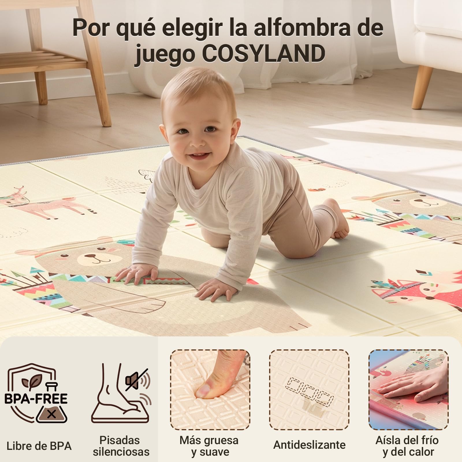 COSYLAND Alfombra Bebé Acolchada Plegable XPE Reversible, Tapete de Juegos Infantil Antideslizante e Impermeable para Suelo, Colchoneta Bebé, Oso Gordito y Ciudad de Coches, 120 x 180 x 1 cm