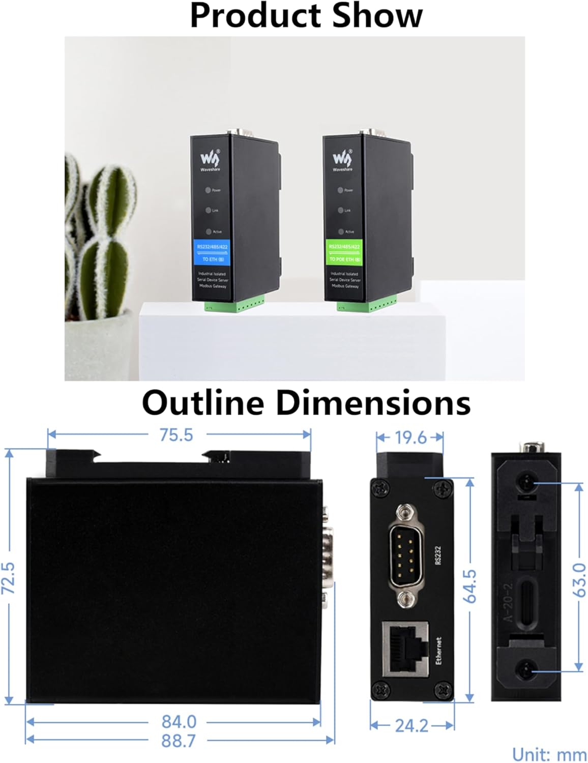 RS232/RS422/RS485 to RJ45 Ethernet Module, TCP/IP to Serial, with POE Function, Bi-Directional Transparent Data Transmission Between RS232/485/422 and Ethernet, Rail-Mount Serial Server