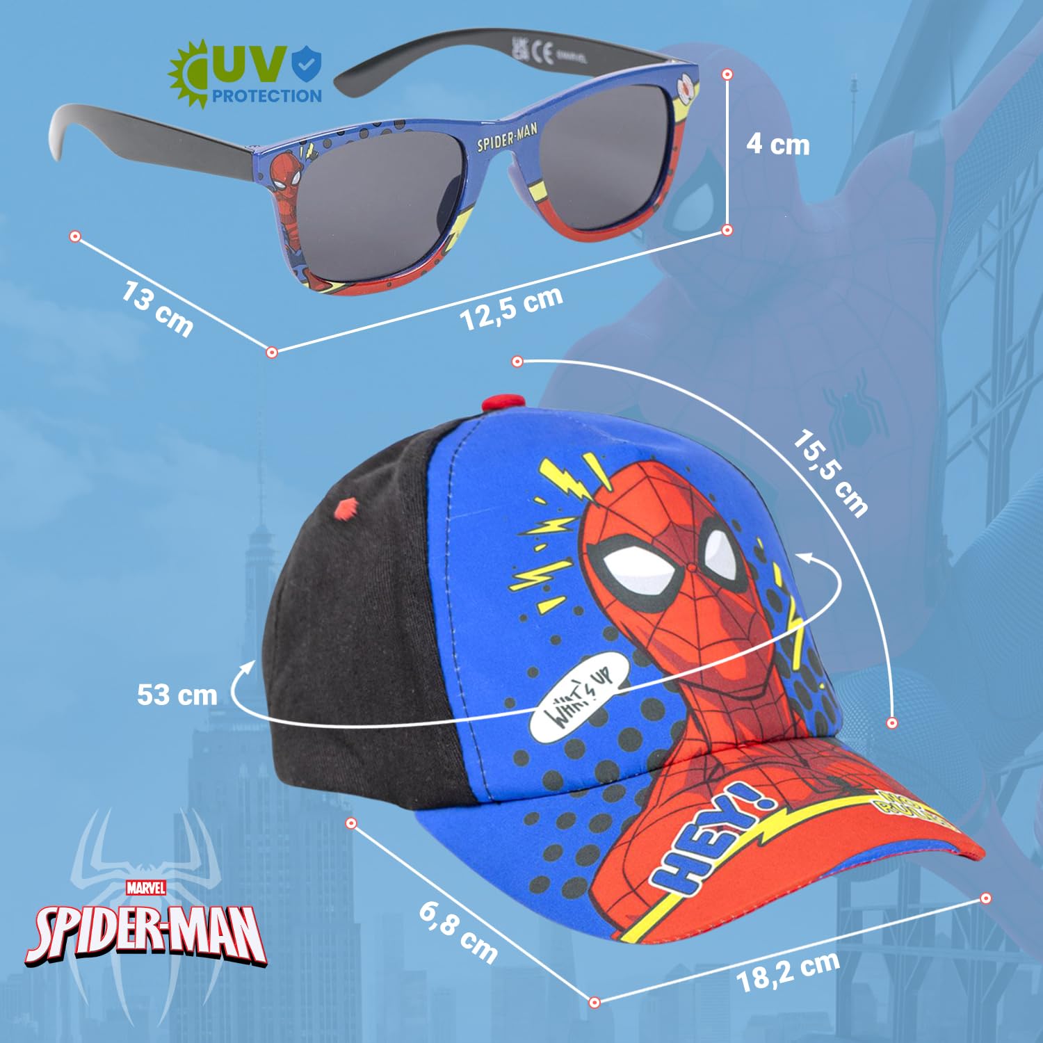 Cappellino e Occhiali Spiderman, Unisex, per Bambini, Design Originale, Regolabili e Leggeri, Ideali per L'Estate e Come Protezione Solare