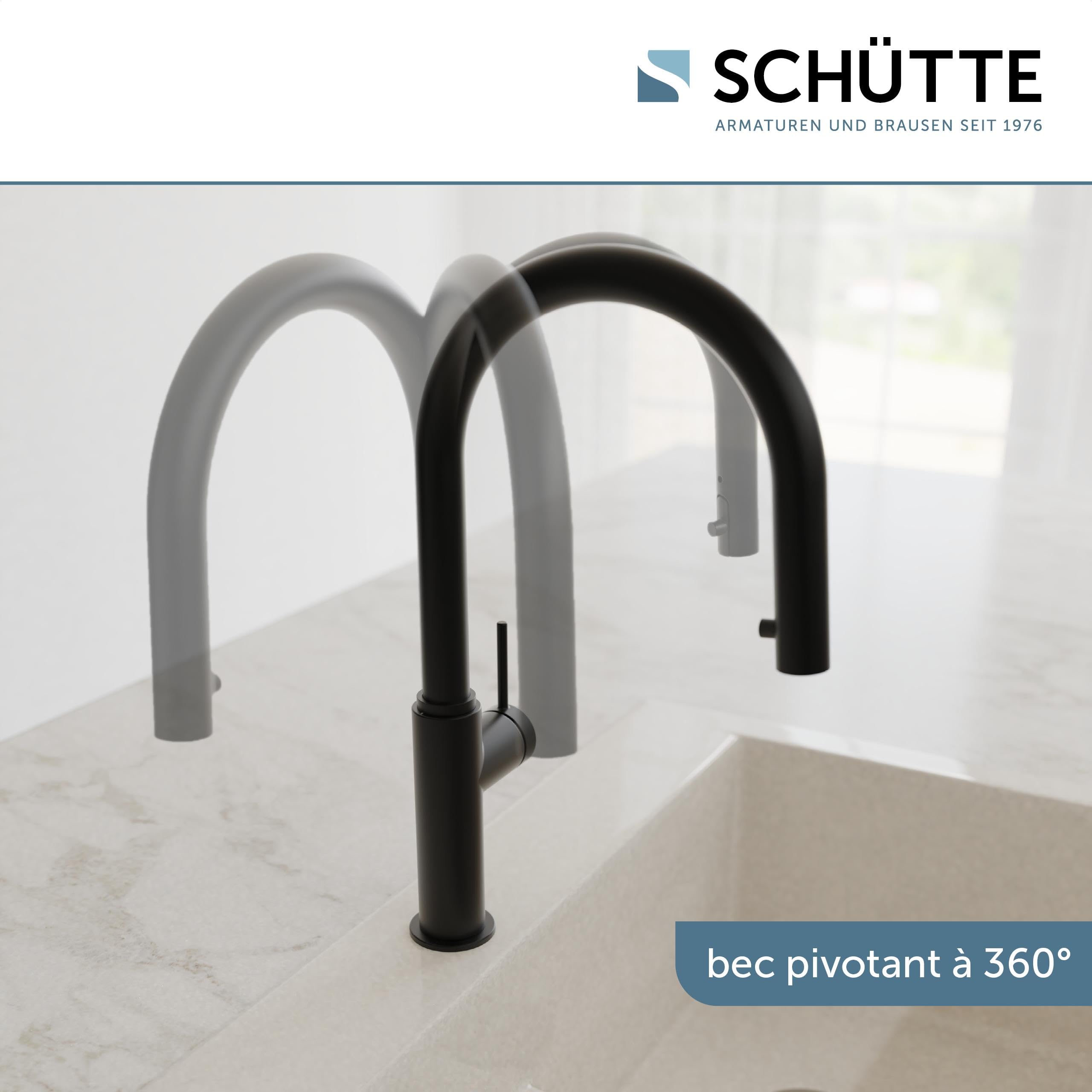 SCHÜTTE Blackpool 79566 Robinet de cuisine avec douchette extractible, robinet 360 degrés pour la cuisine, mitigeur monocommande, mitigeur d'évier avec douchette extensible, noir