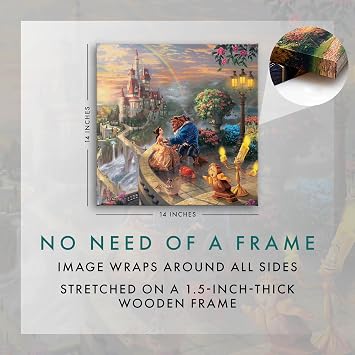 Thomas Kinkade Disney Beauty and the Beast Falling In Love Gallery Wrapped Canvas Art | Frameless Wall Art Decor | Certificate of Authenticity Included, 14 x 14