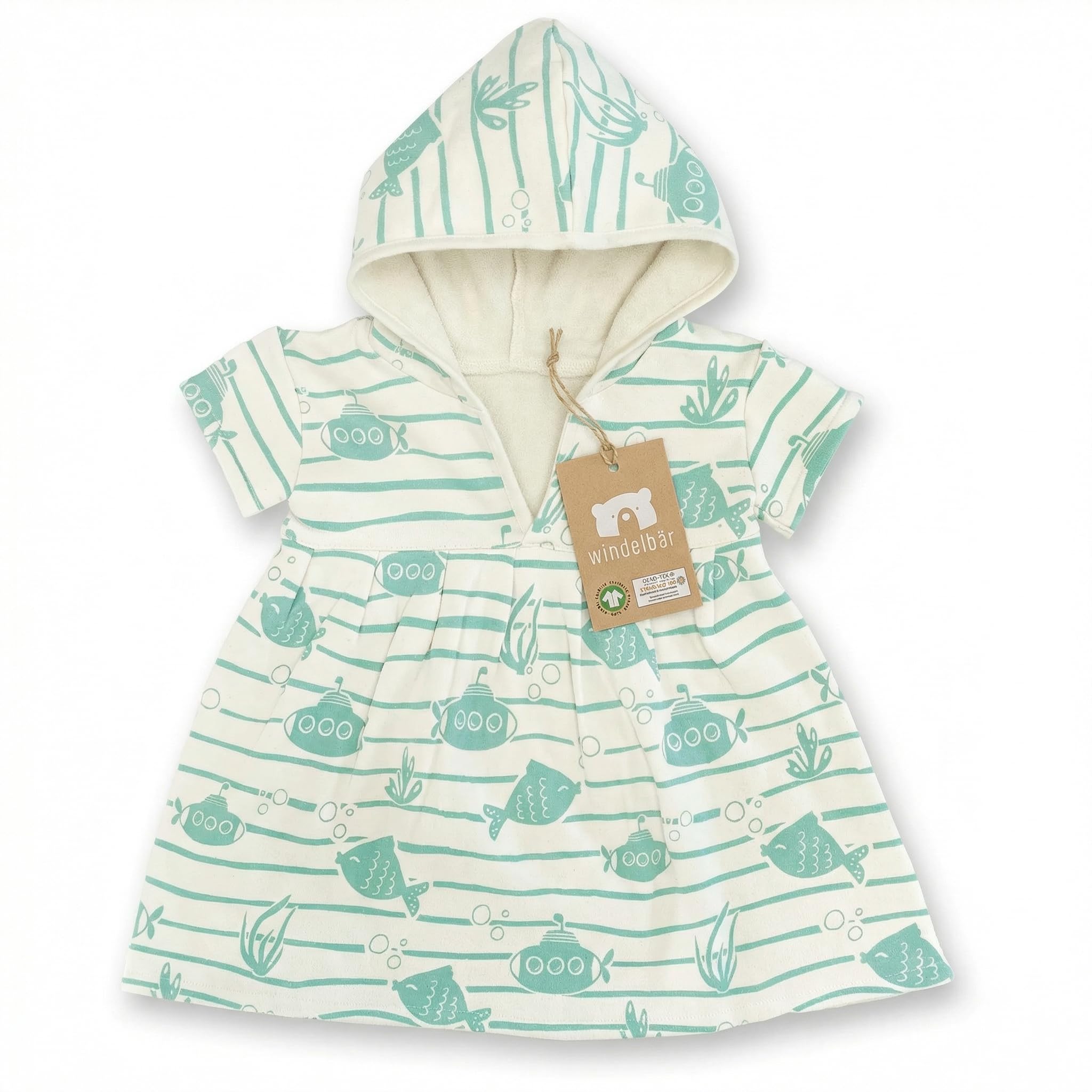 Baby Badeponcho Bio Baumwolle Saugstark Kapuzenhandtuch Kurzärmlig Unisex Fische U-boot Grün 62/68
