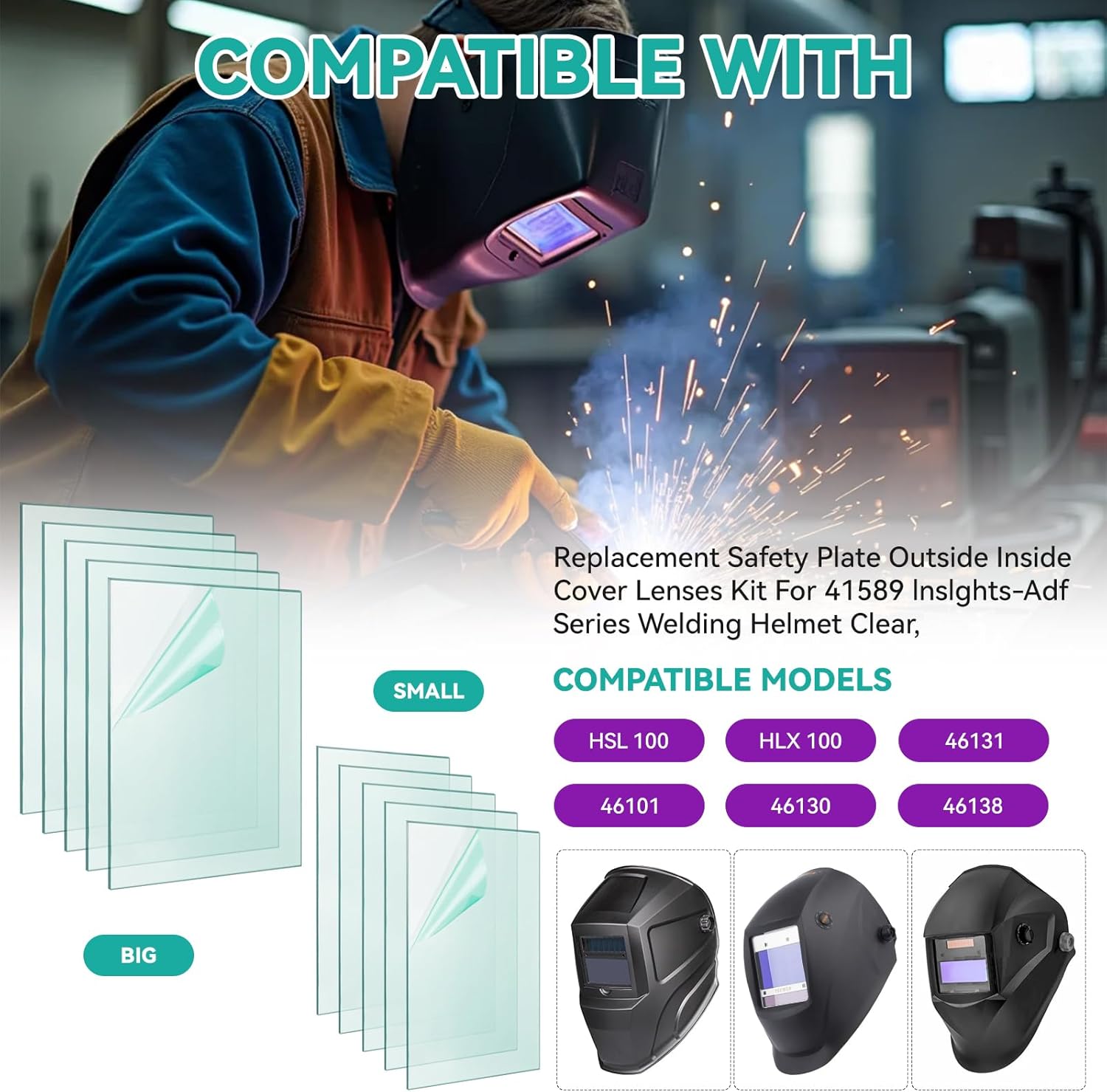 10PCS 41589 lnslghts-Adf Series Welding Helmet Clear Lenses, Outside Inside Welding Hood Cover Clear Lenses - for HSL 100, HLX 100, 46131, 46101, 46101, 46130 (4.48" X 5.2", 2.4" X 4.02")
