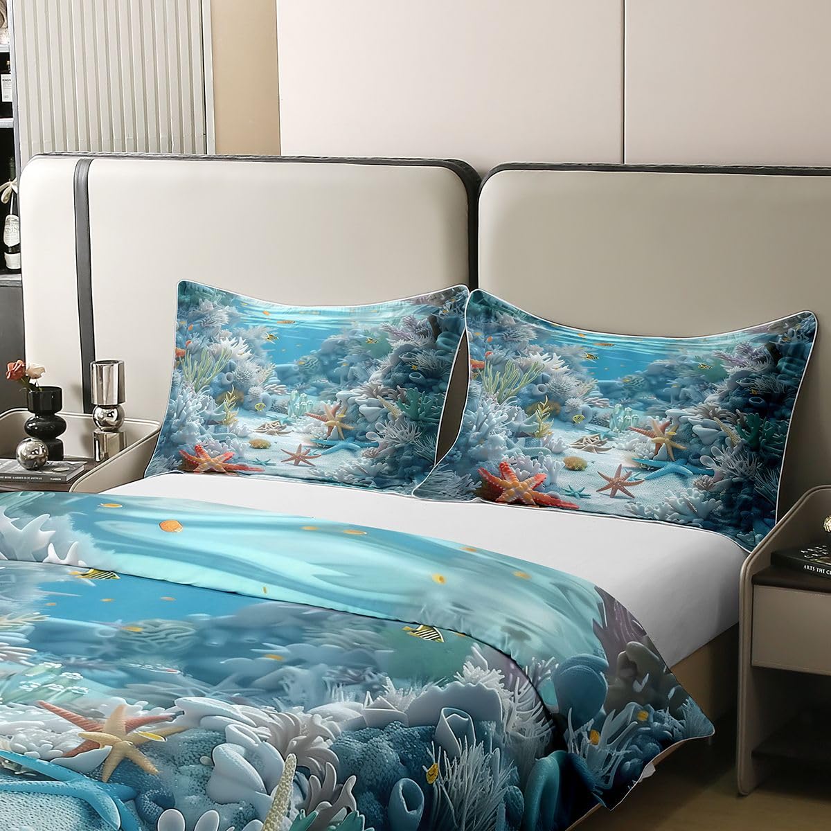 Homewish Coral Sealife Bettbezug 135x200 Baumwolle Meerestierdruck Bettwäsche Blau Ozeanfisch für Kinder Jungen Mädchen Bedding Unterwasser Meeresleben Bettwäsche Set Weich 2 teilig