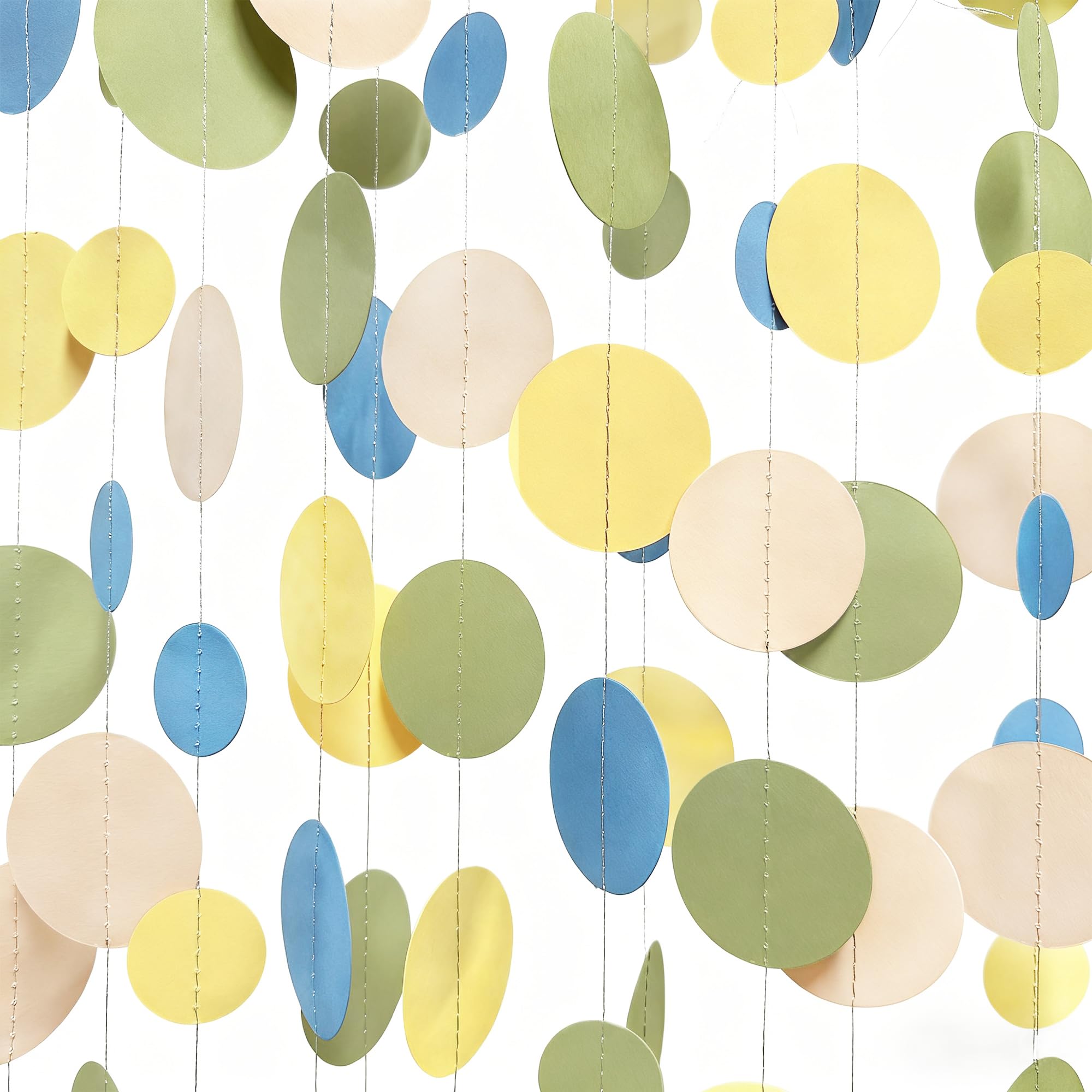 46Ft Dusty Blue Sage Green Yellow Beige Circle Dots Garland Party Decorations Olive Green Yellow Dusty Blue Cream Nude Hanging Paper Polka Dots Streamer for Wild One Birthday Wedding Baby Shower Party