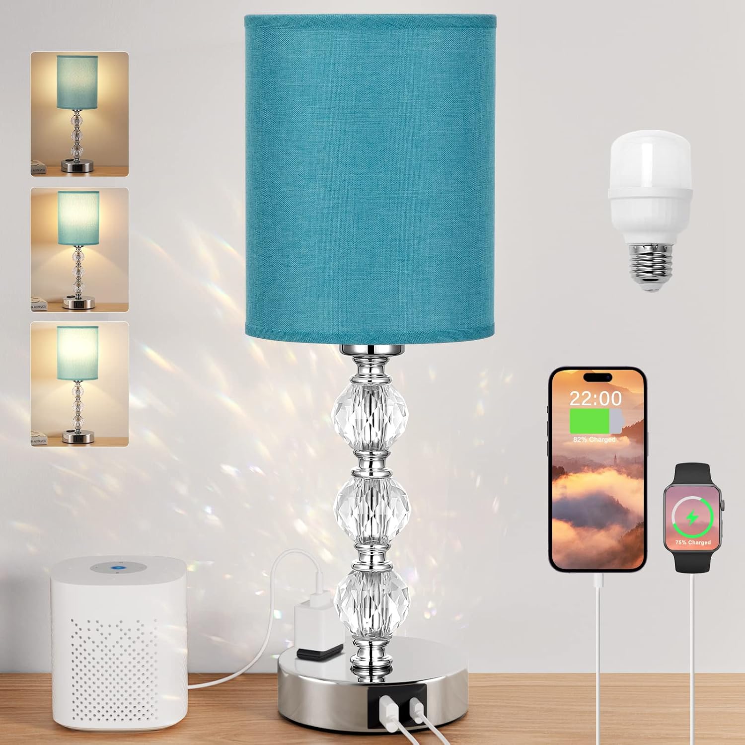 Green Touch Bedside Lamps for Bedrooms - Crystal Table Lamp with USB C+A Charging Port and AC Outlet Nightstand, 3 Way Dimmable Silver Small End Side Table Lamp for Living/Guest/Dinning Room/Kitchen