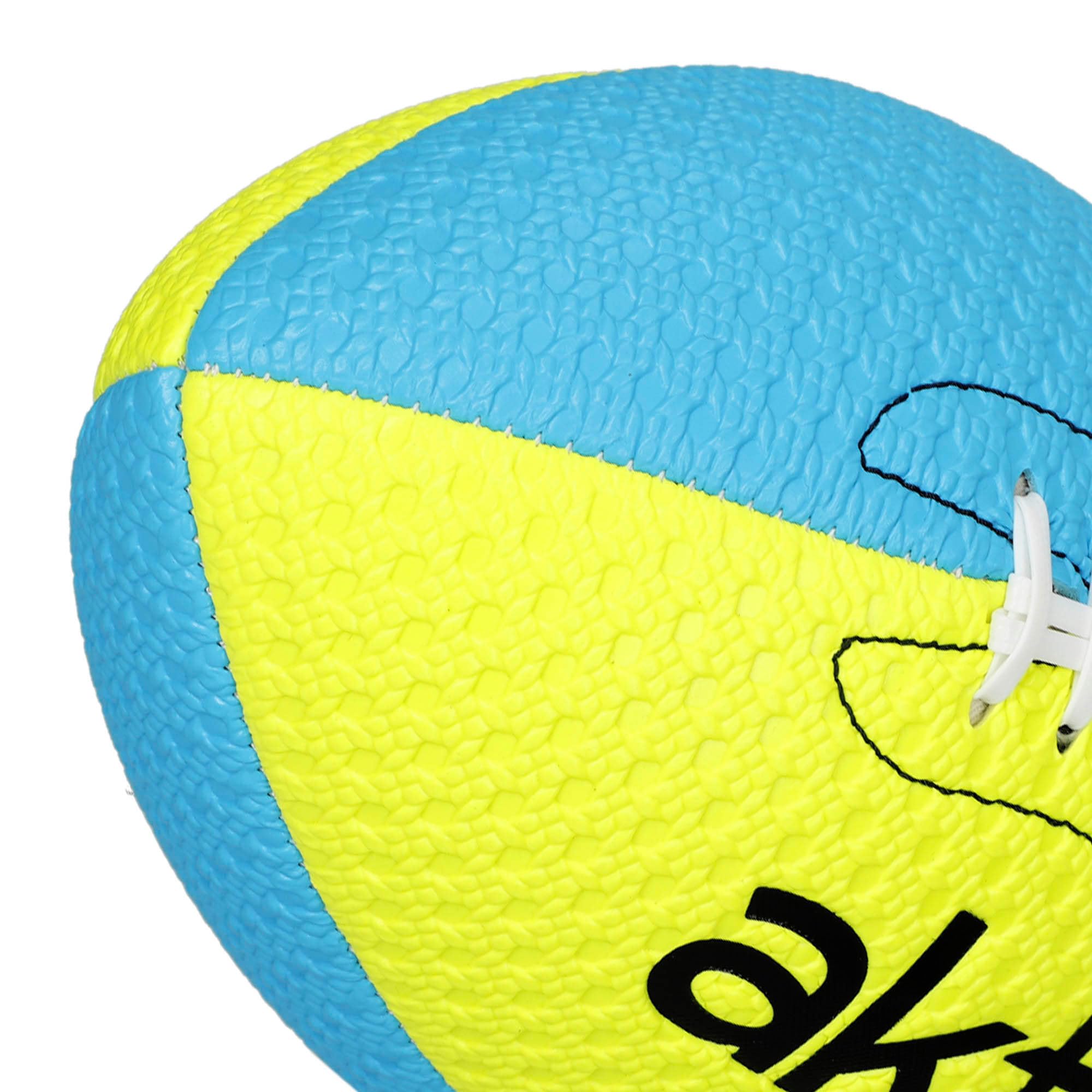 AKTIVE Ballon de Rugby en PVC, diamètre 22 cm, Taille 5, Jaune Fluo et Bleu, résistant et Durable, Prise en Main, idéal pour l'entraînement en Plein air, Les Sports, Les balles (54209)
