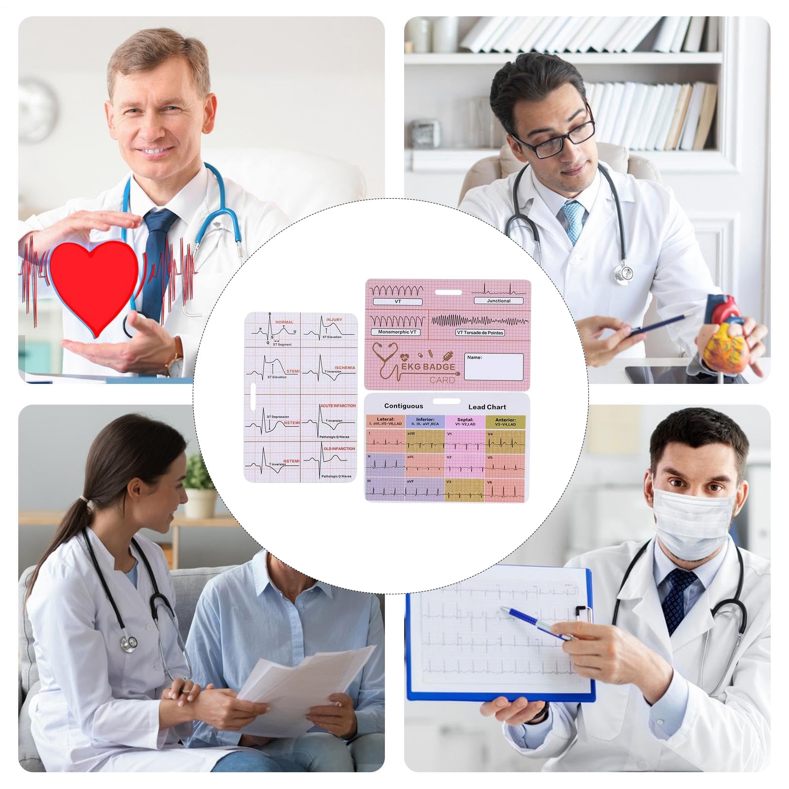 Scheda ECG – badge di riferimento, di riferimento ECG, 3 pezzi, set di carte mediche, ideale per studenti di medicina e infermieristica, paramedici e cliniche di telemetria