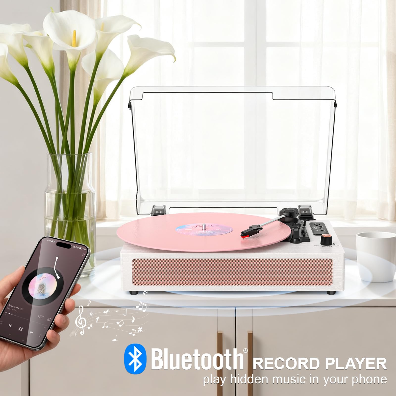 VINYLS LINK Giradischi in vinile con altoparlanti, giradischi Bluetooth con modalità EQ e display LED, giradischi vintage rosa, giradischi a 3 velocità per dischi in vinile, registrazione USB