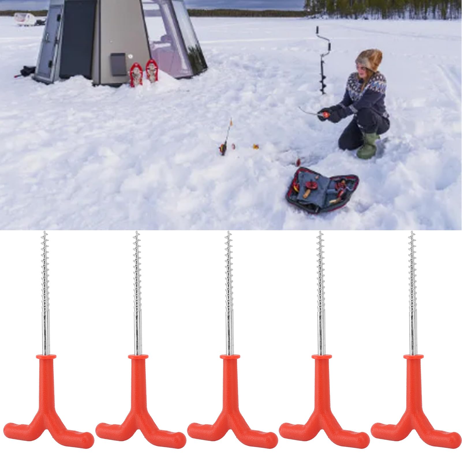 5 Stück Eisfischen-Zelthering, Eisschrauben, Befestigungspfahl, Schnellbohrer für Zeltbefestigung, Hering, Rot, 18,5 cm
