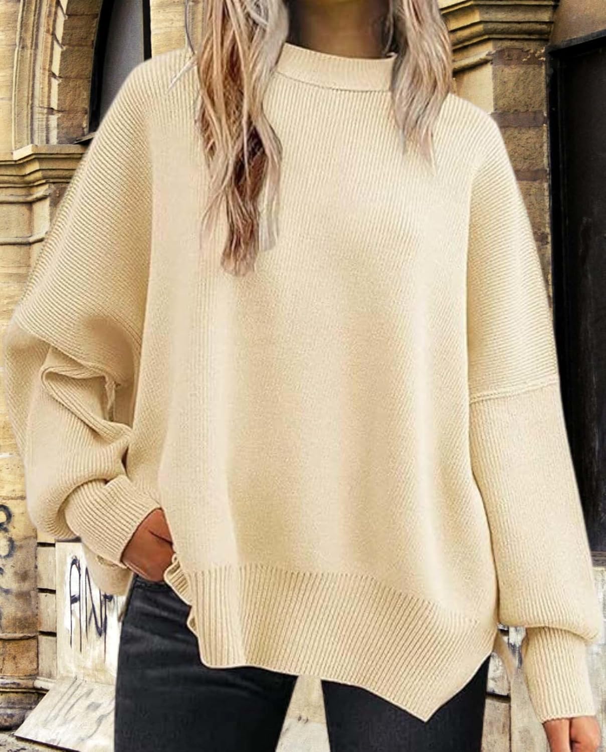 2025 Fall Womens Oversized Batwing Sweater Fashion Crew Neck Knit Side Slit Cozy Fall and Winter Pullover Sweater - Image 2