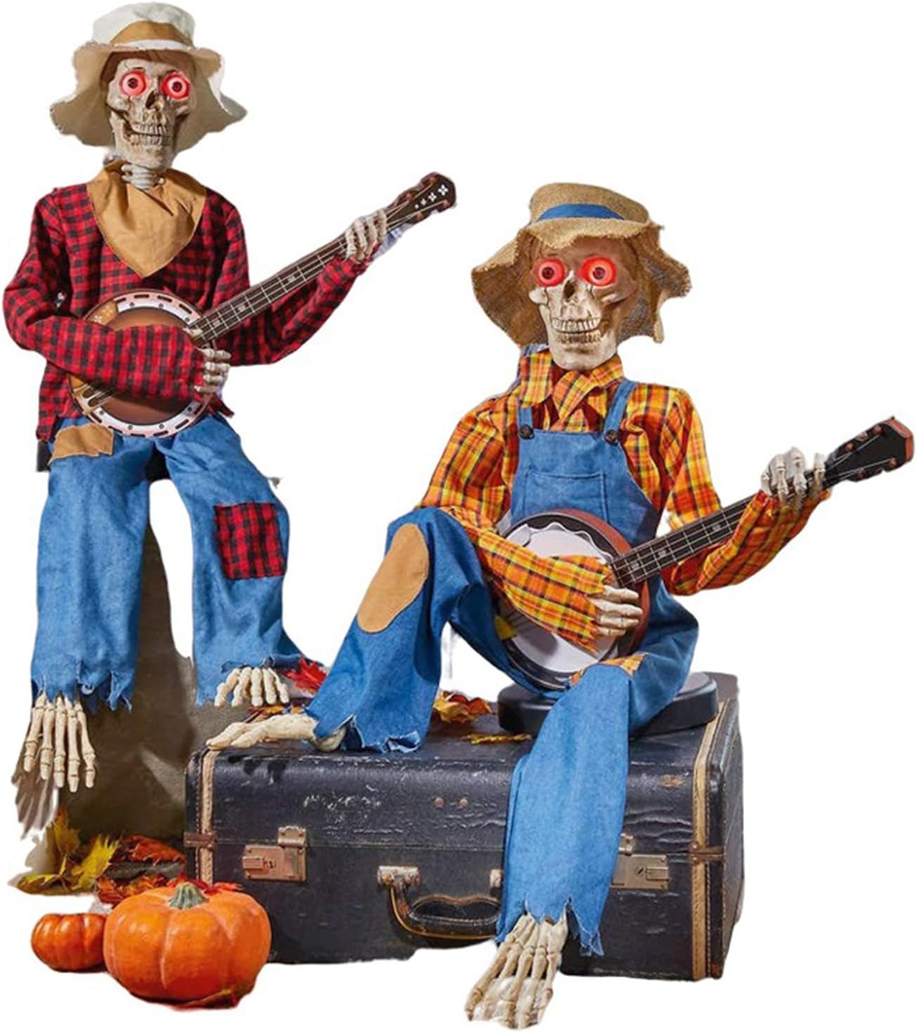 Funny Animated Dueling Banjo Skeletons,Halloween Animated Banjo Skeletons,With Light up Eyes and Adjustable Joints,2023 Latest Horror Night Gifts,For Halloween Indoor Decor (Red+Yellow,Luminous)