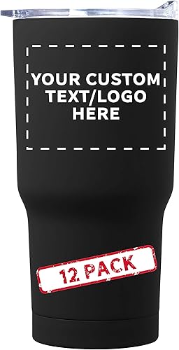 Tazas de viaje personalizadas de acero inoxidable de 17 onzas, paquete de 12, texto personalizado, logotipo, color negro