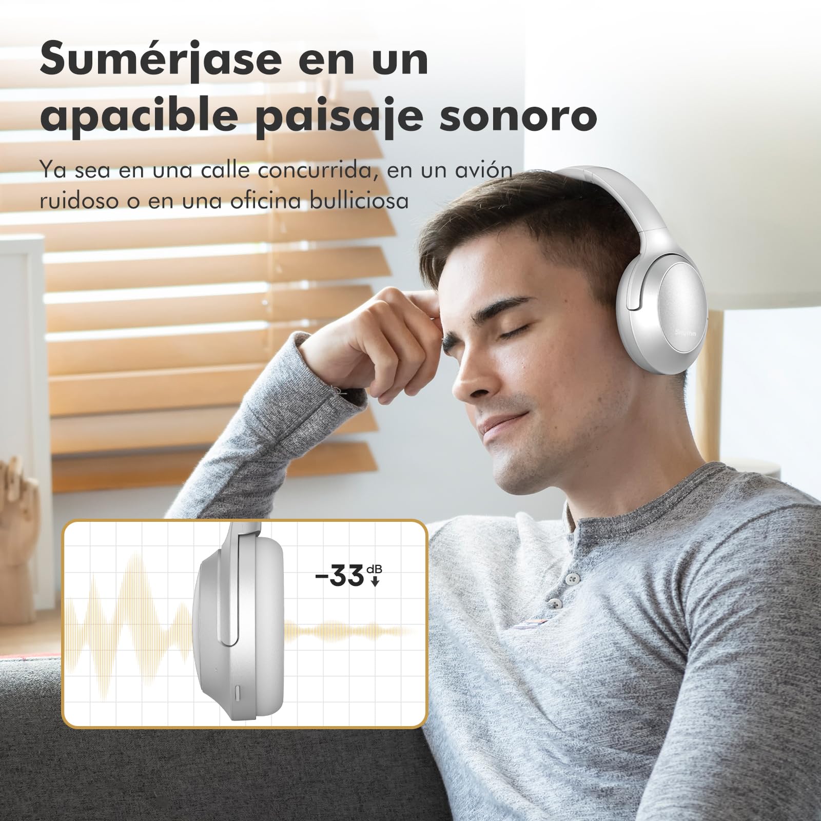 Srhythm NC45 Auriculares con cancelación Activa de Ruido, Auriculares inalámbricos Bluetooth sobre la Oreja con micrófono de Graves Profundos, Plegables y duraderos, Tiempo de reproducción de 40H