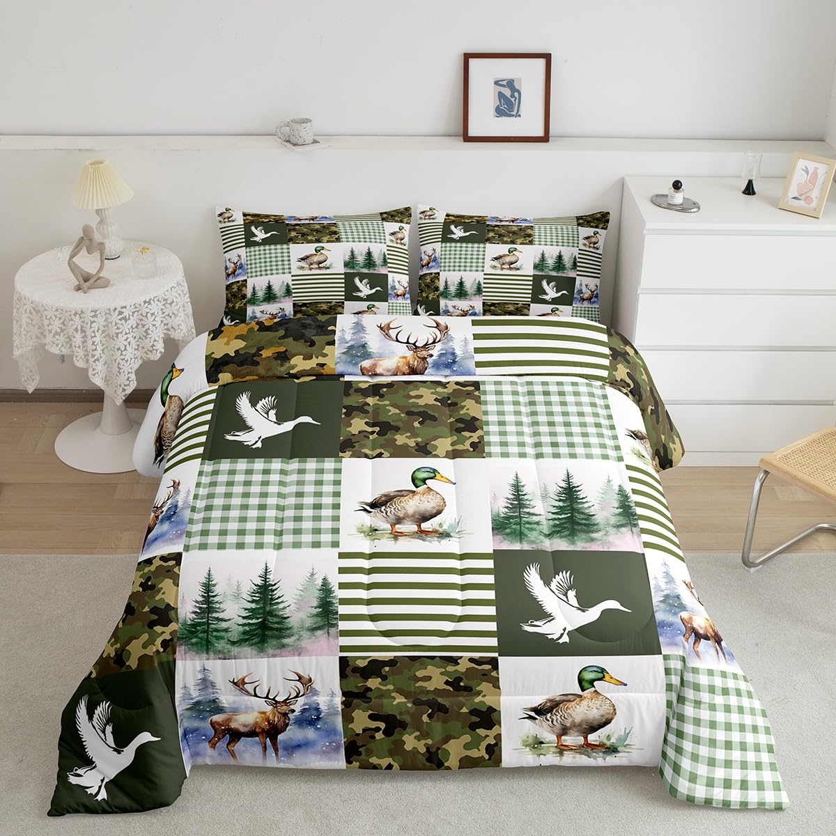 Feelyou Kids Mallard Duck Comforter Set Toddler Size, Duck Hunting Bedding Set Green Duck Comforter for Boys Girls Deer Hunting Duvet Insert Bed Set 2Pcs