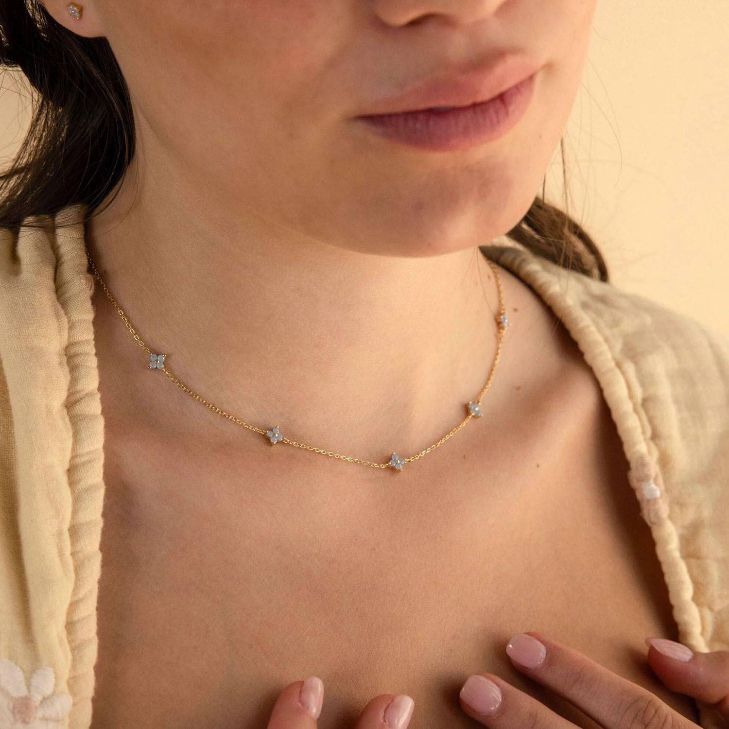 Diamond Necklace for Women Gold Silver Chain Necklace Blue Cubic Zirconia Necklace Small Flower Choker Necklace Cute Floral Necklace Jewelry for Women - Image 2