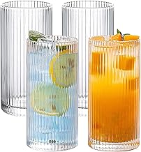 Long Drink Glasses Set of 4, 360 ml Cocktail Glasses Set Made of Glass, Origami Style Long Drink Glasses for Whisky, Beer, Juices, Mojito, Drinking Glasses for Family, Camping, Party, Drinking Glasses Dishwasher Safe