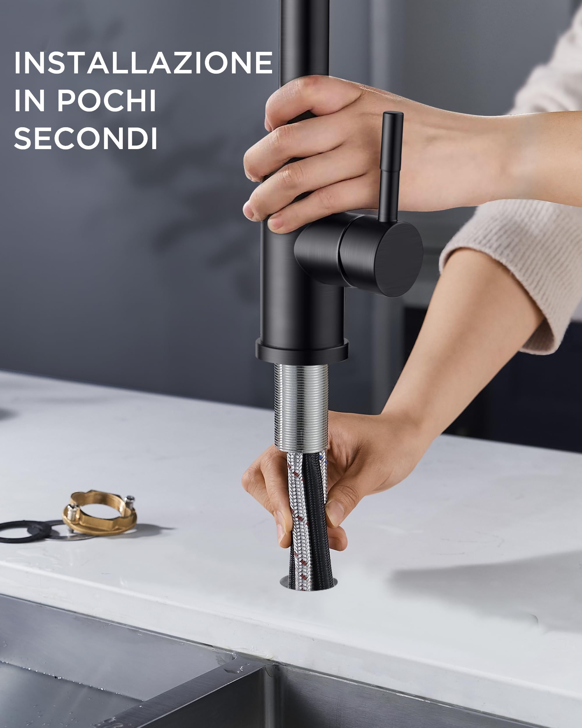 FORIOUS Cascata Rubinetto Lavello Cucina Nero, Alta Pressione Miscelatore Cucina con Doccetta Estraibile, Acciaio Inox Girevole a 360°con 3 Modalità Di Spruzzo