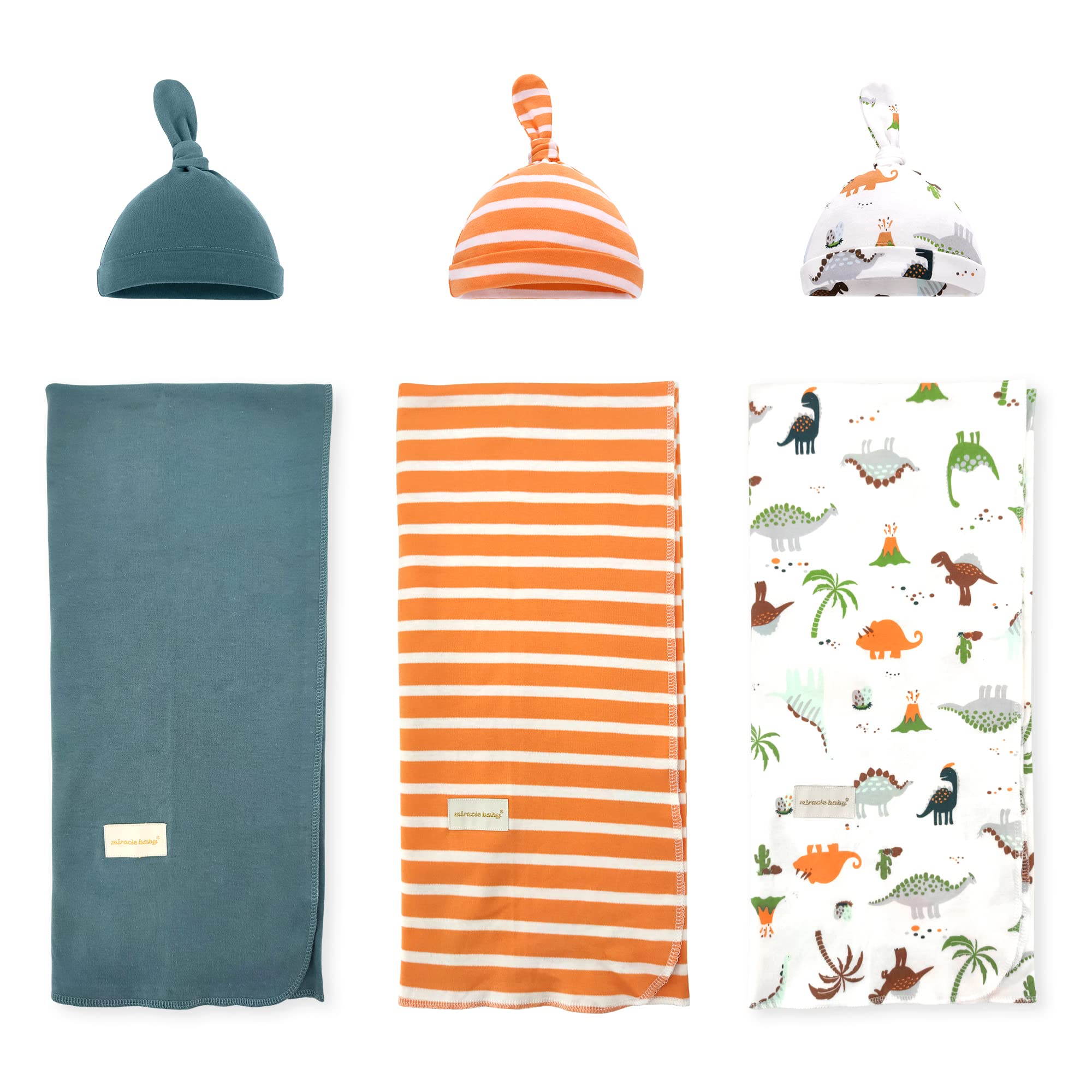 3 Pack Baby Swaddle Blanket 90×90cm with 3 Hat Set, Soft Knitted Cotton Receiving Blankets, Swaddle Wrap for Newborns Infants Babies (Dinosaur+Orange stripes+Dark green)