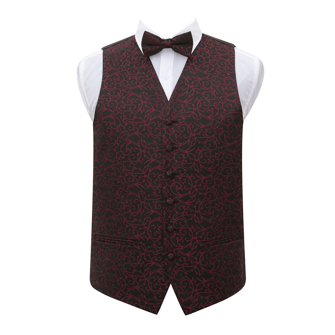Dqt Men's Burgundy & Black Swirl Jacquard Waistcoat & Pre-Tied Bow Tie Set (2Pc) - Wedding, Business & Formal - Black And Burgundy 48" (4Xl)
