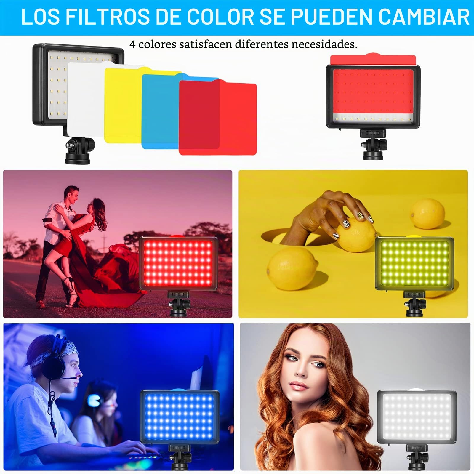 LED Video Light 2-Pack, 5600K Iluminacion Foco de Luz Fotografia USB con Mini Trípode y Filtros de Colores para Estudios, Tomas en Ángulos Pequeños, Grabación de Video, Transmisión de Juegos