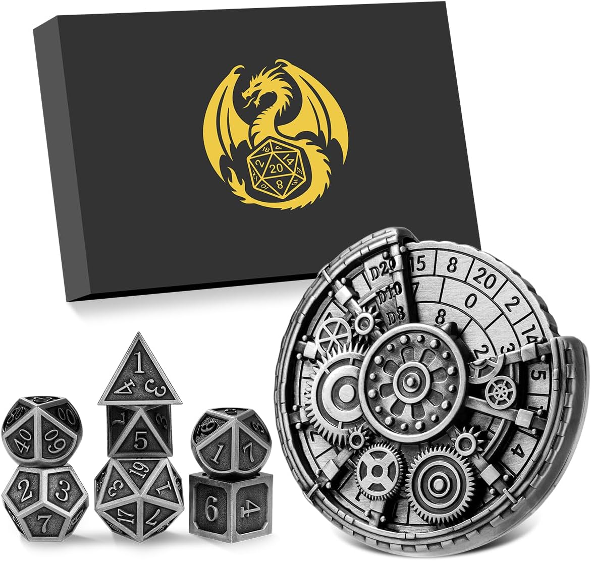Gear Fingertip Gyro + 7pcs Polyhedral Metal DND Dice Set, Metal Dice Spinner Set, DND Starter Set, Christmas D&D Gifts with Gift Box, Tabletop Games, Role Playing Board Game Accessories, Silver
