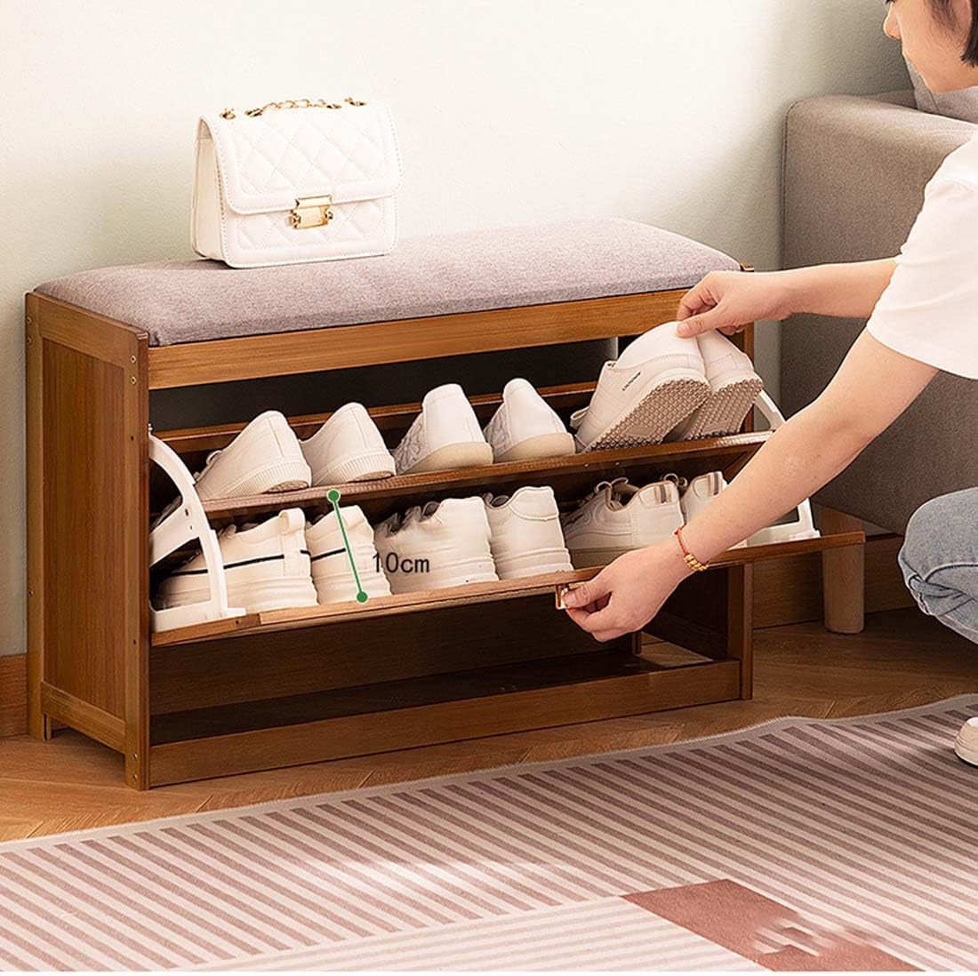 Bamboo Shoe Storage Bench with Padded Cushion, 2-Level Entryway nizer and Folding Drawers, Dark Brown, 50cm - Stylish and Functional Home Furniture