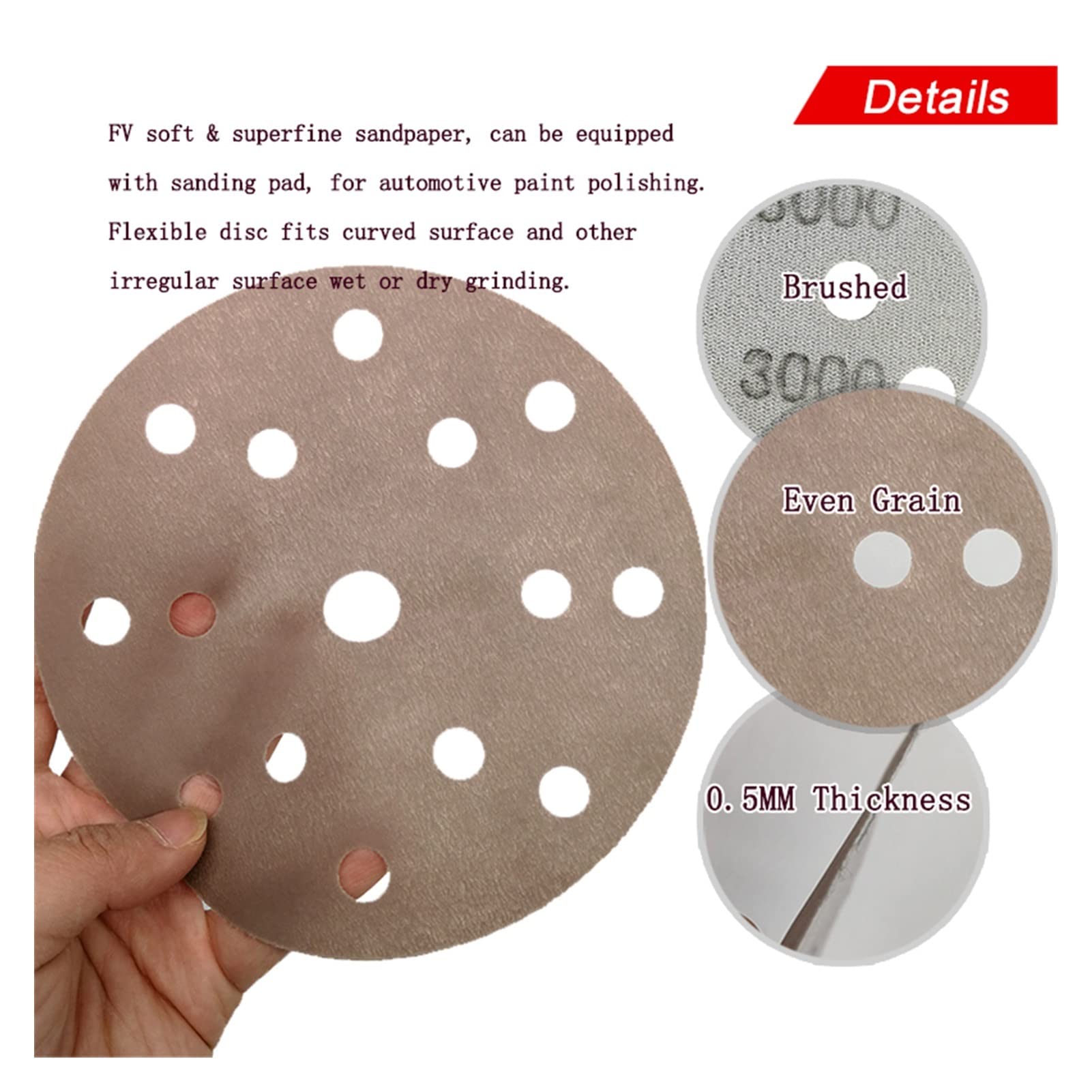Papel de Lija abrasivo 6 "150 mm 15 Agujero Fv Papel de Lija de la Rueda de la Rueda de la Rueda de la película del Cuerpo de la Cabeza y el Bucle automático Ultra Fino, 600# -4000# Grit