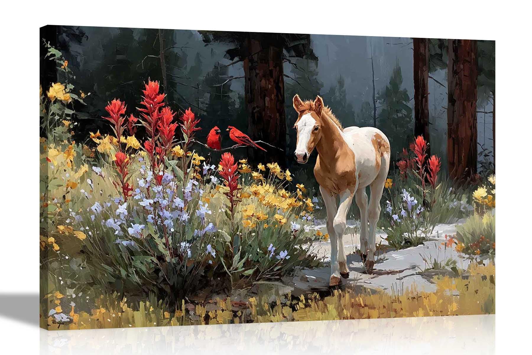 Artley Prints White Horse Red Birds Forest - Wild Beauty: Majestic Horse Red Birds Canvas Prints Flower Wall Art For Hanging Garden Ready To Hang Decor 40 X 30Cm (16 X 12 Inches) A3