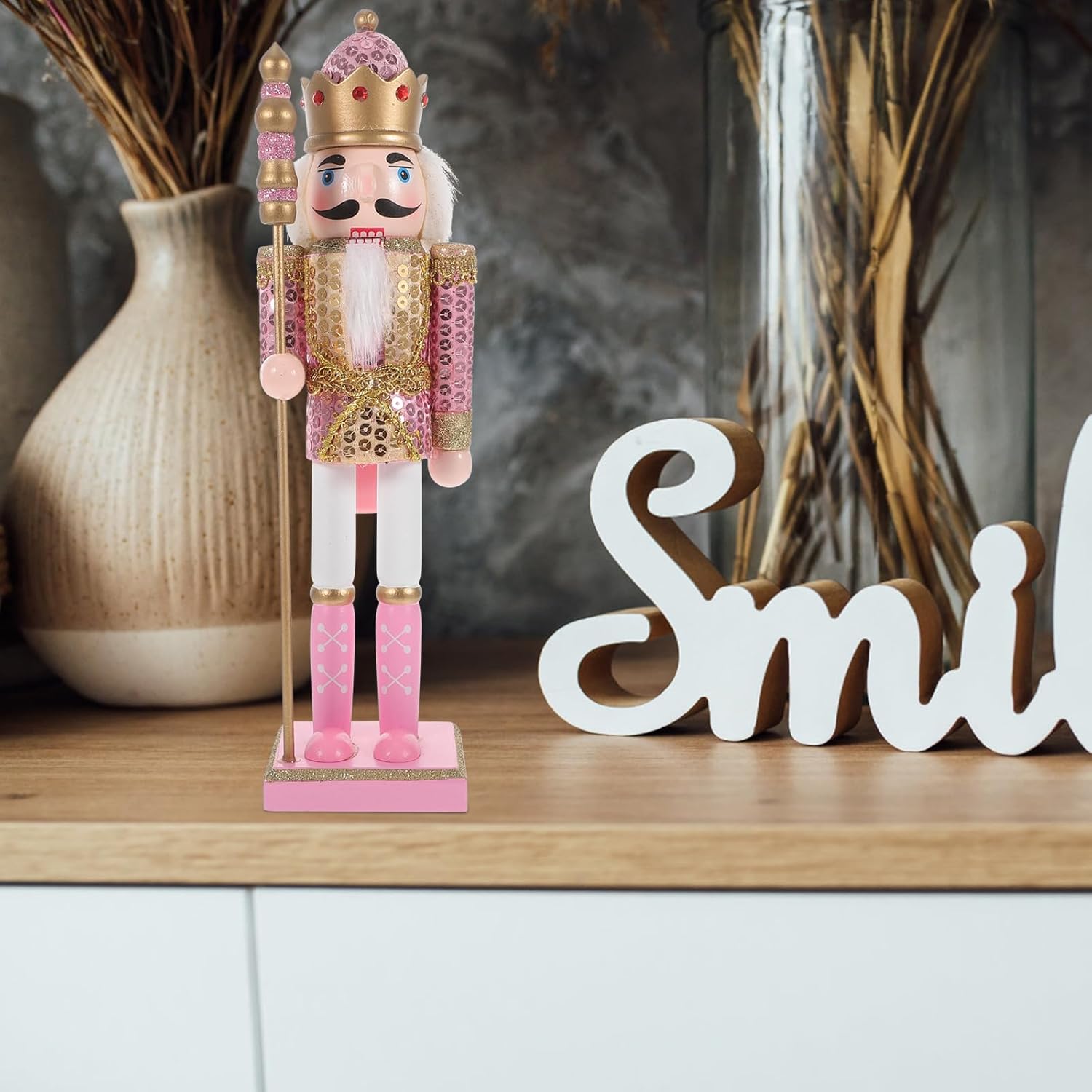 PartyKindom Christmas Nutcracker Decor: King Soldier Nutcracker Figure Pink Wooden Decoration for Table Fireplace Decoration Christmas Party Ornaments (12in Pink Scale King)