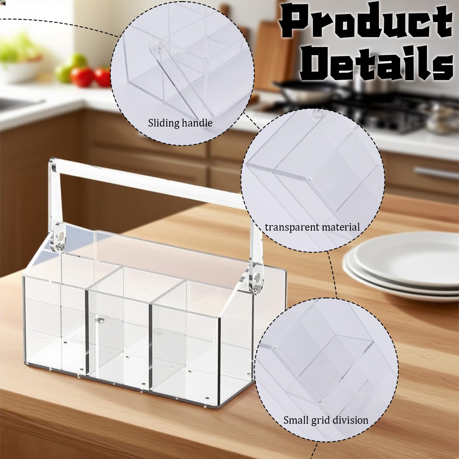 Cestino portaposate in acrilico con 4 scomparti – Porta posate in plastica trasparente per cucina buffet party – Organizzatore portaposate con manico per piatti, posate tovaglioli